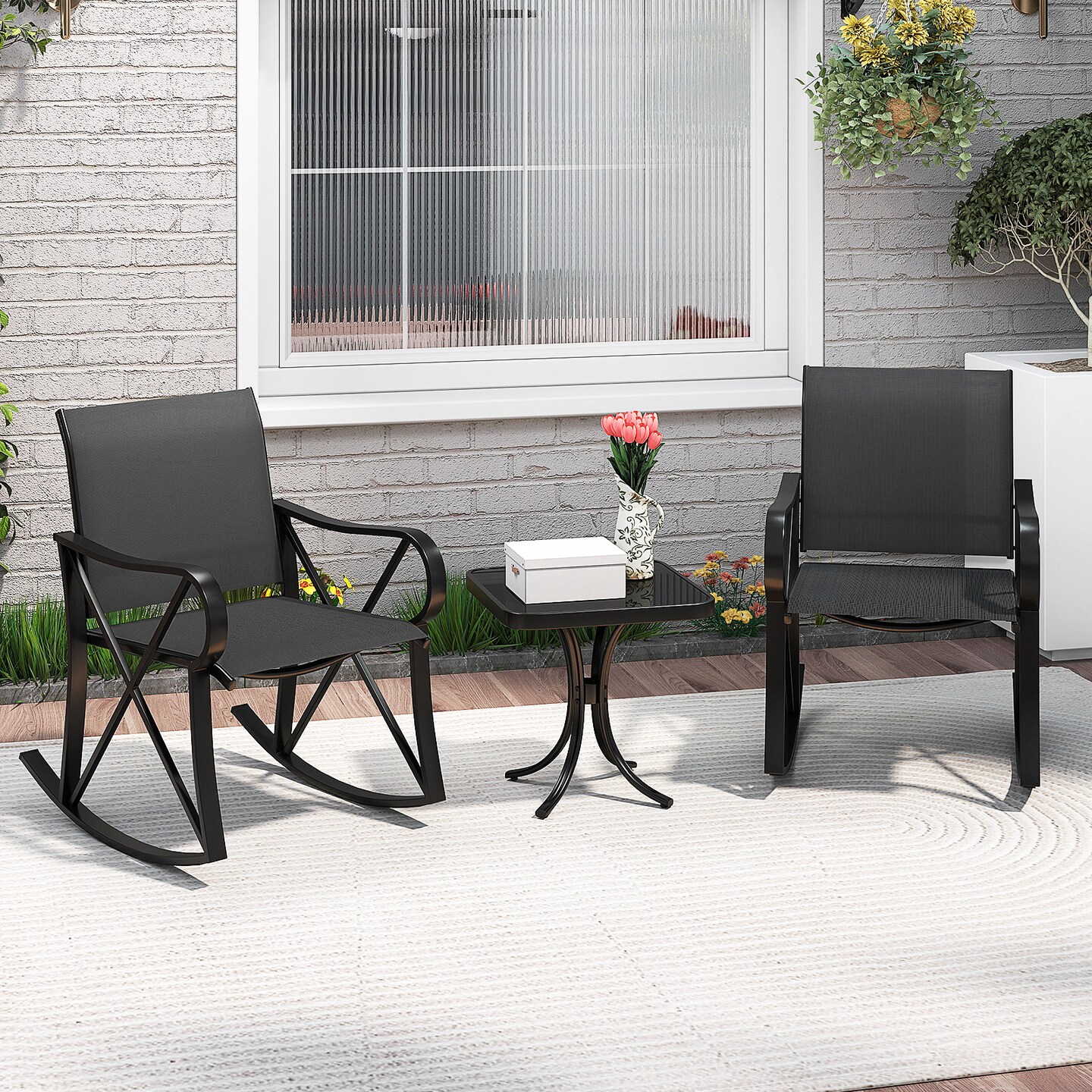 Outdoor Rocking Chair Set with Side Table and Gentle Rocking Motion