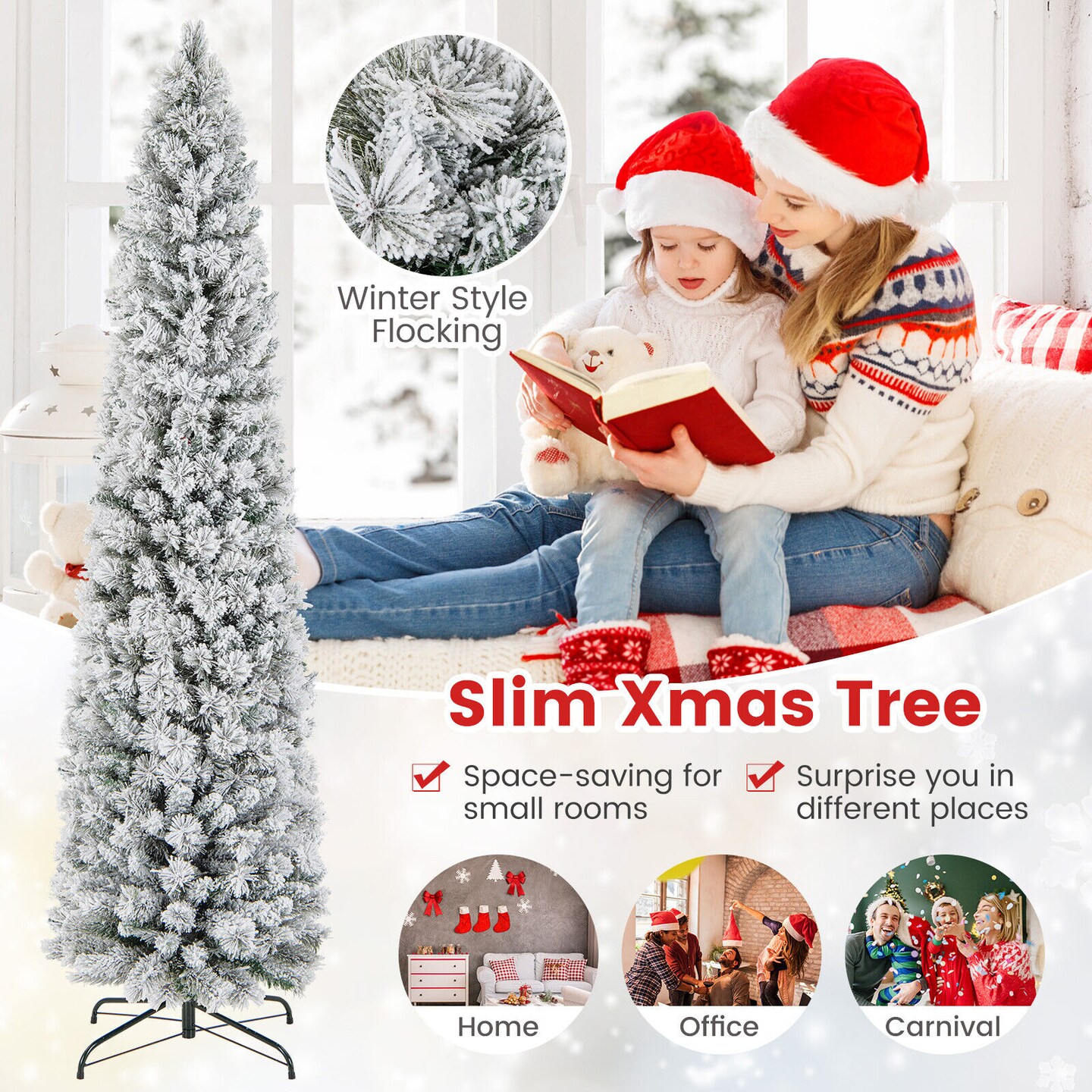 Pre lit Slim Flocked Christmas Tree with Warm Lights and Metal Stand