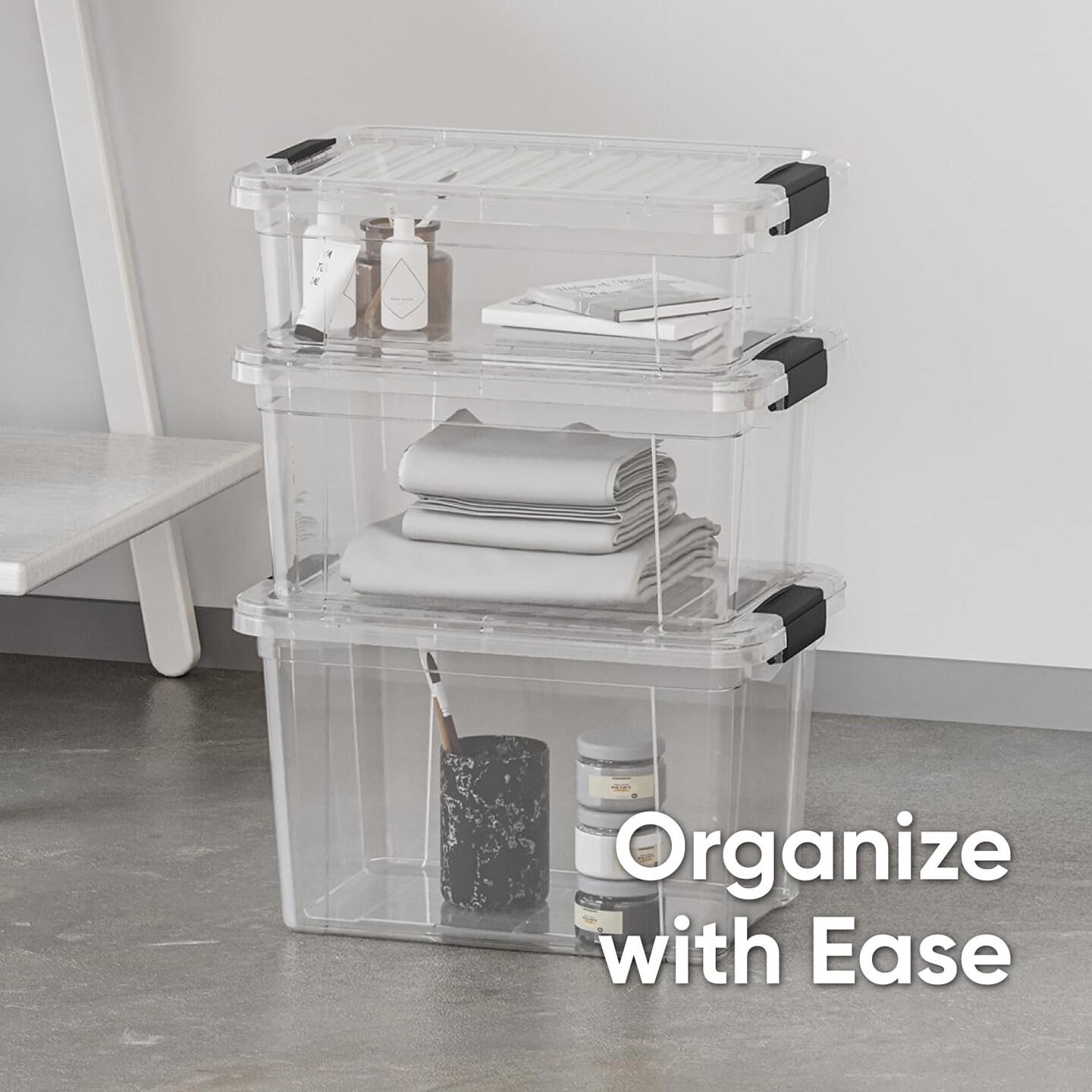 Superio Clear Storage Box with Lid, Plastic Container Bins for Organizing, Stackable Crates, BPA Free, Non Toxic, Odor Free, Organizers for Home, Office, School, and Dorm