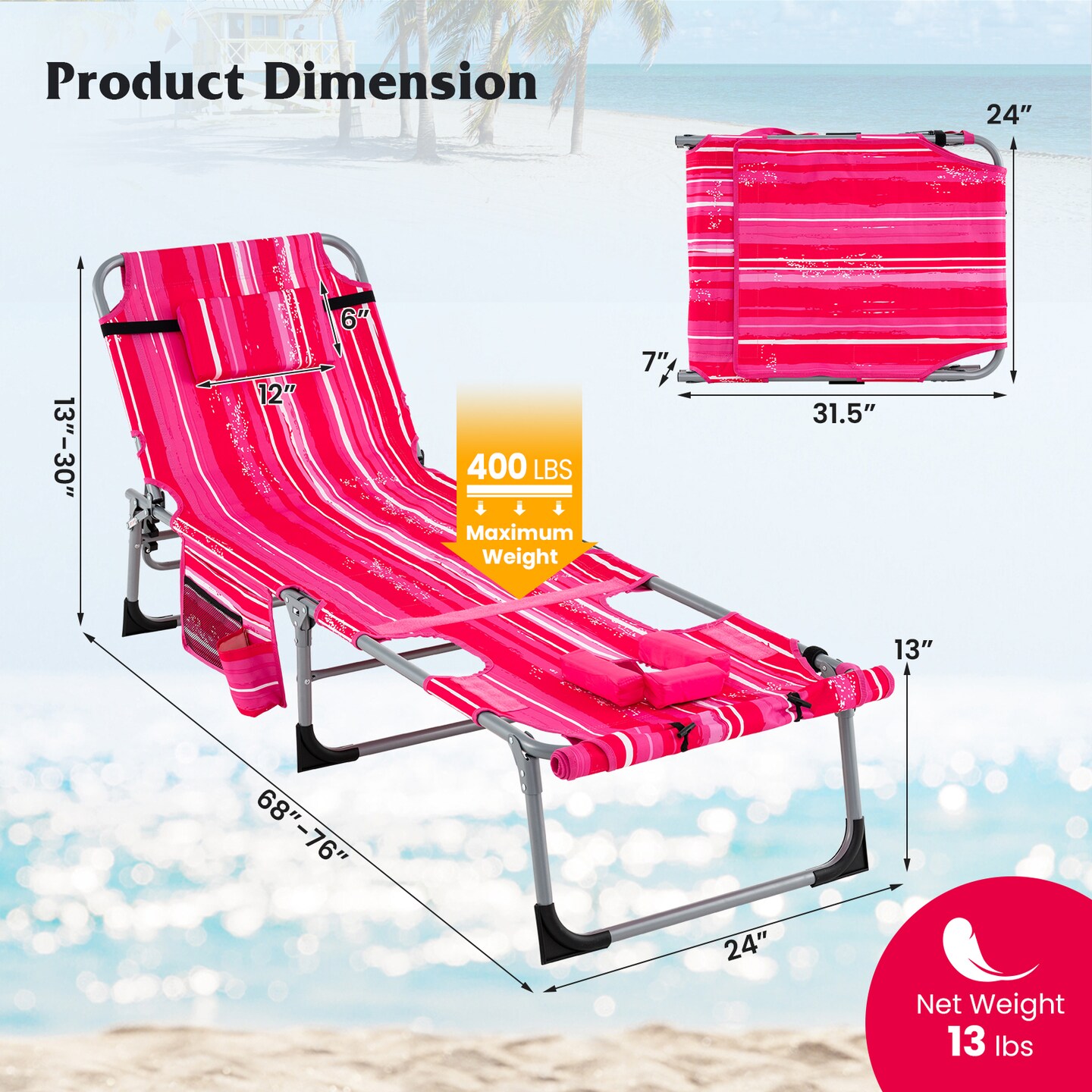 Folding Outdoor Lounge Chair with Adjustable Backrest and Cushioned Face Pillow