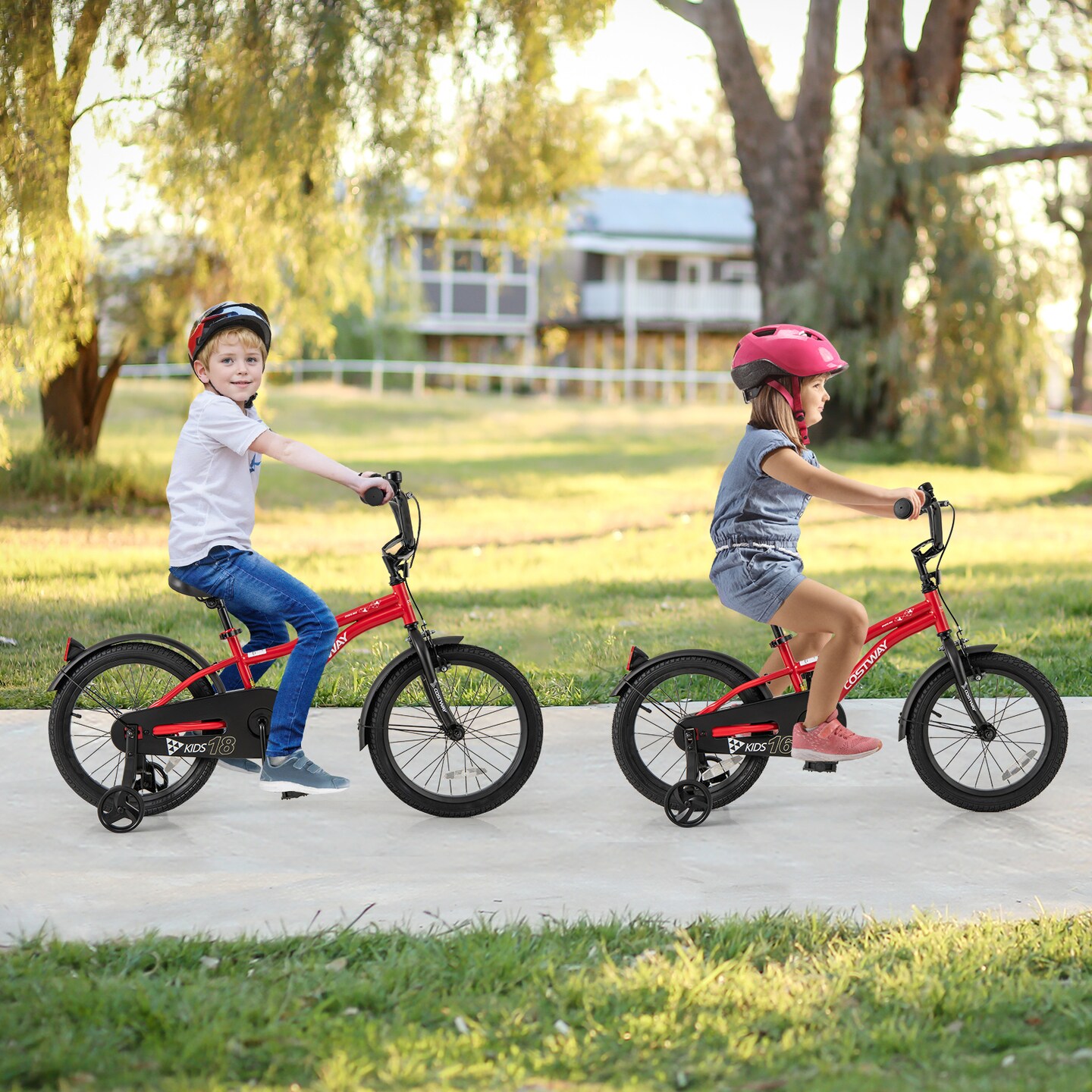 Red Children’s Bicycle with Removable Training Wheels and Dual Brake System, Adjustable Seat