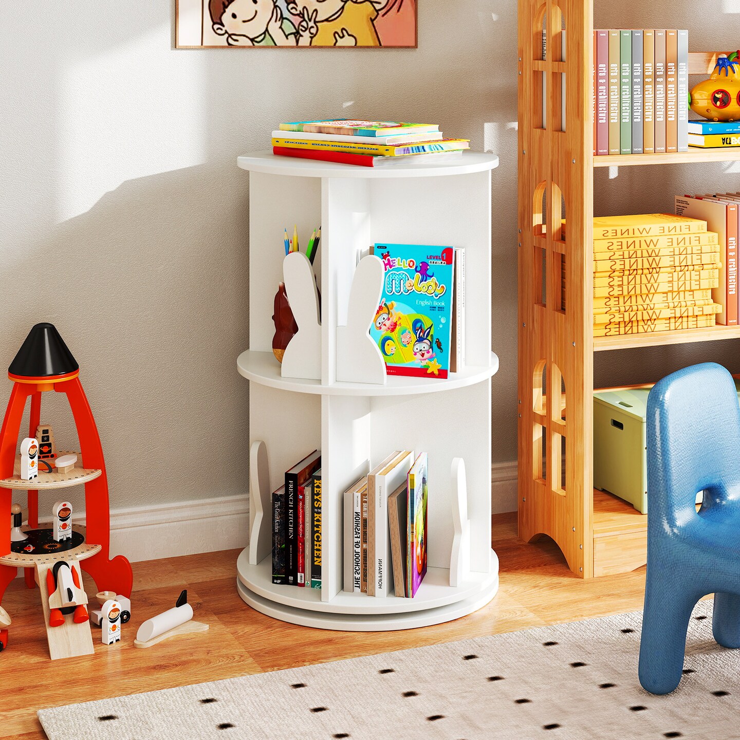 Freestanding 2 Tier Rotating Bookshelf Storage Rack for Kids Room Decor