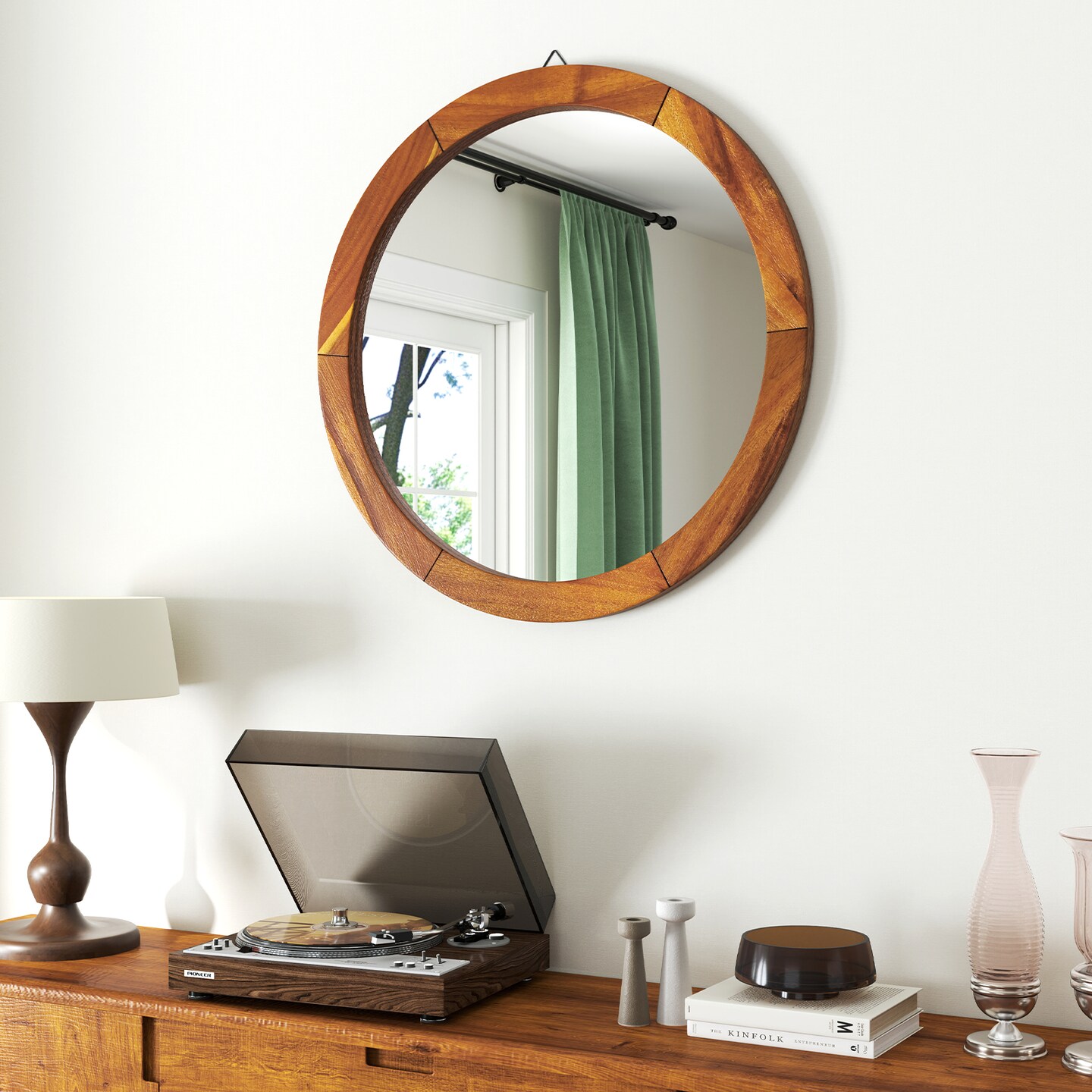 27 Inch Decorative Round Wall Mirror with Shatterproof Glass and Smooth Brown Wood Frame