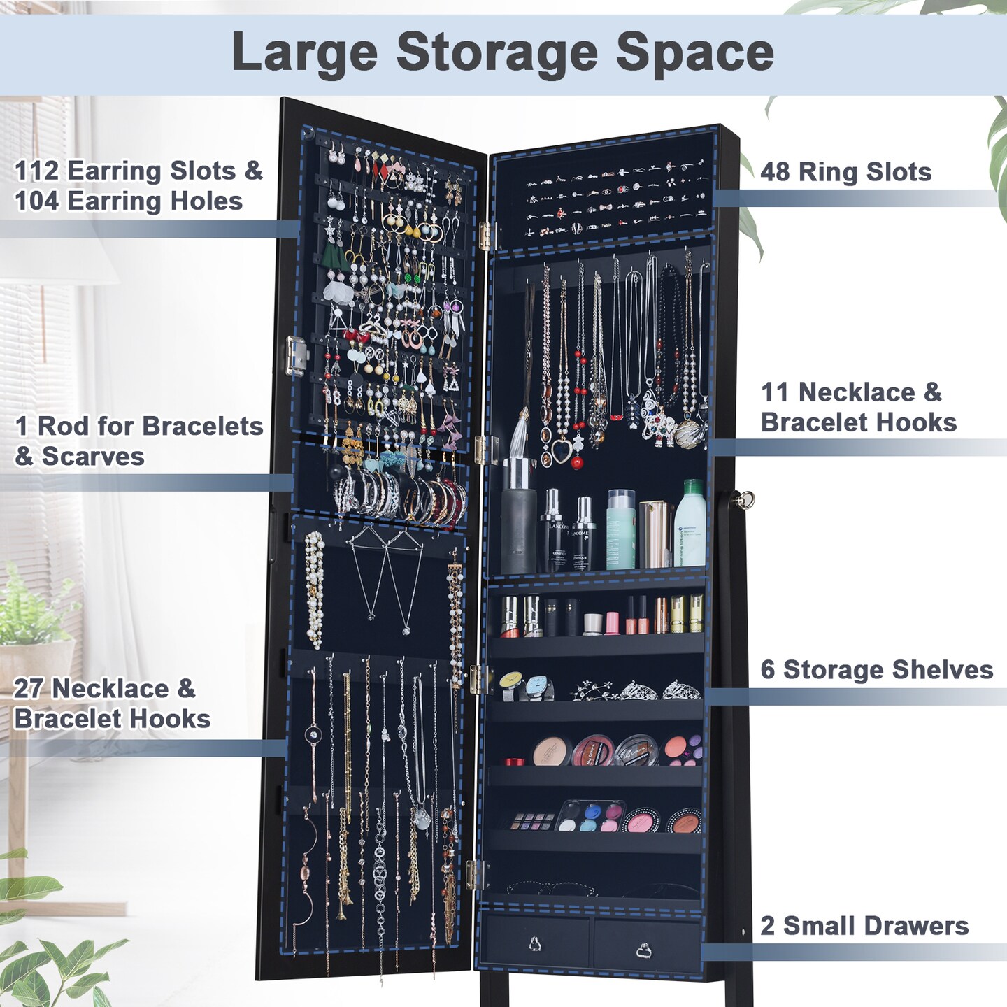 Full Length Mirror Jewelry Cabinet Armoire with Lock and Storage Space