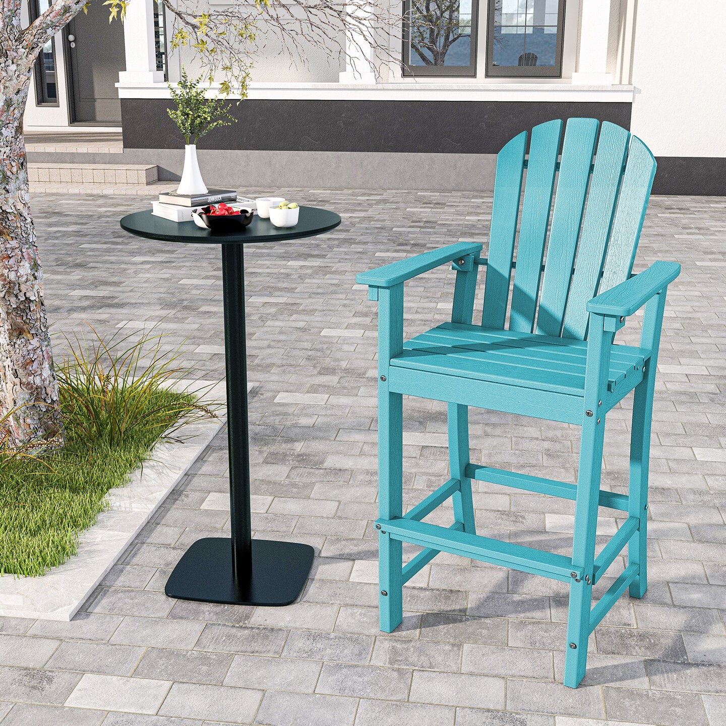 30” HDPE Tall Adirondack Bar Chair with Slatted Seat and Backrest, Footrest Support for Outdoor