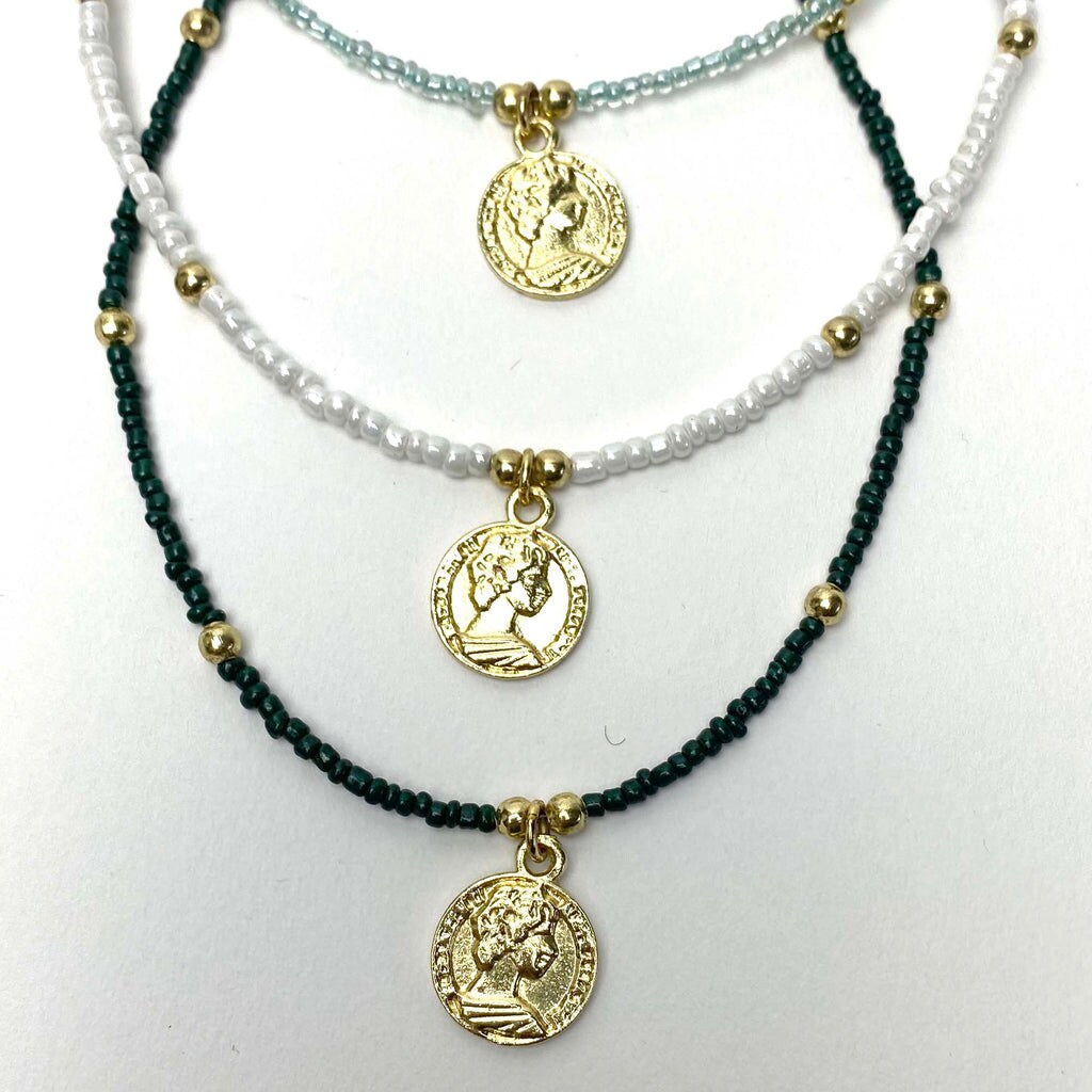 Blue Glass Bead Necklace with Brass Coin Pendant 12 Inch Length plus Extender for Layering