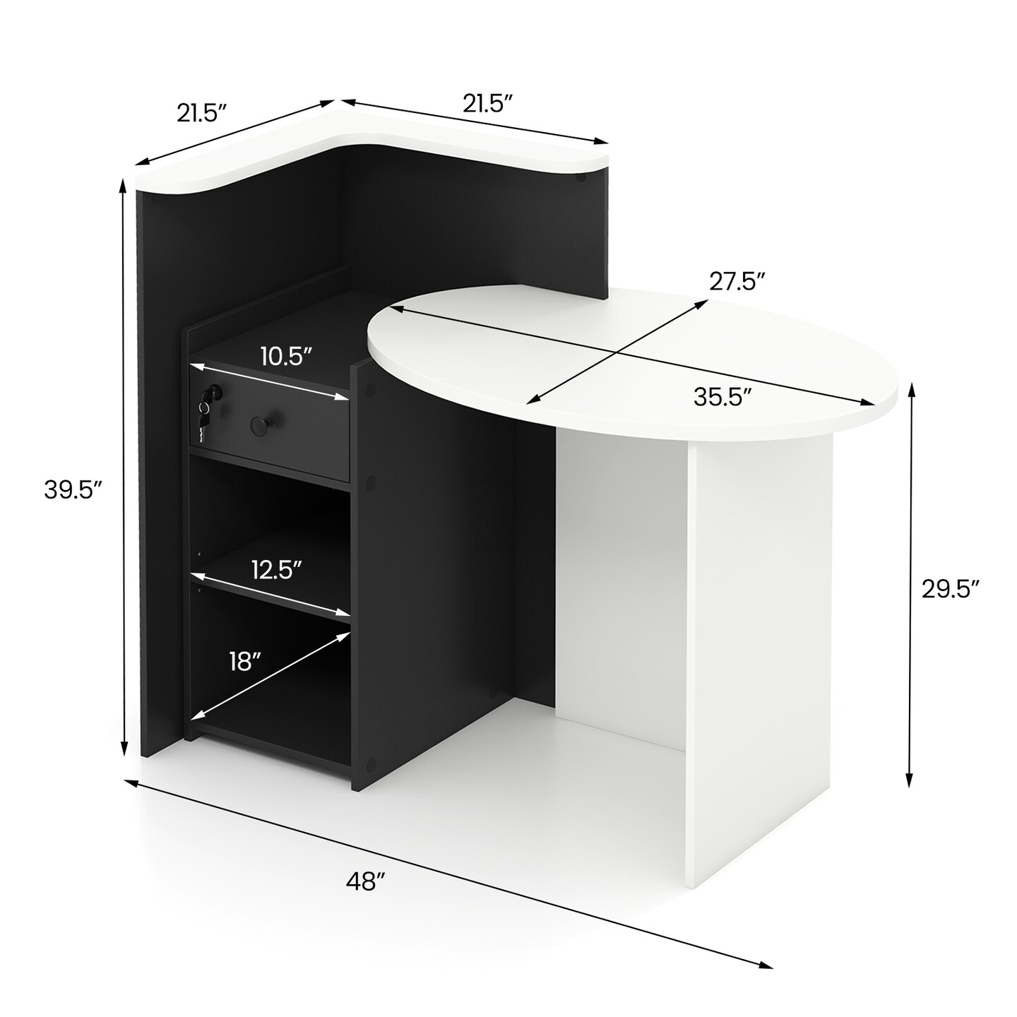 Reception Office Desk with L-Shaped Shelf, Drawer and Adjustable Storage