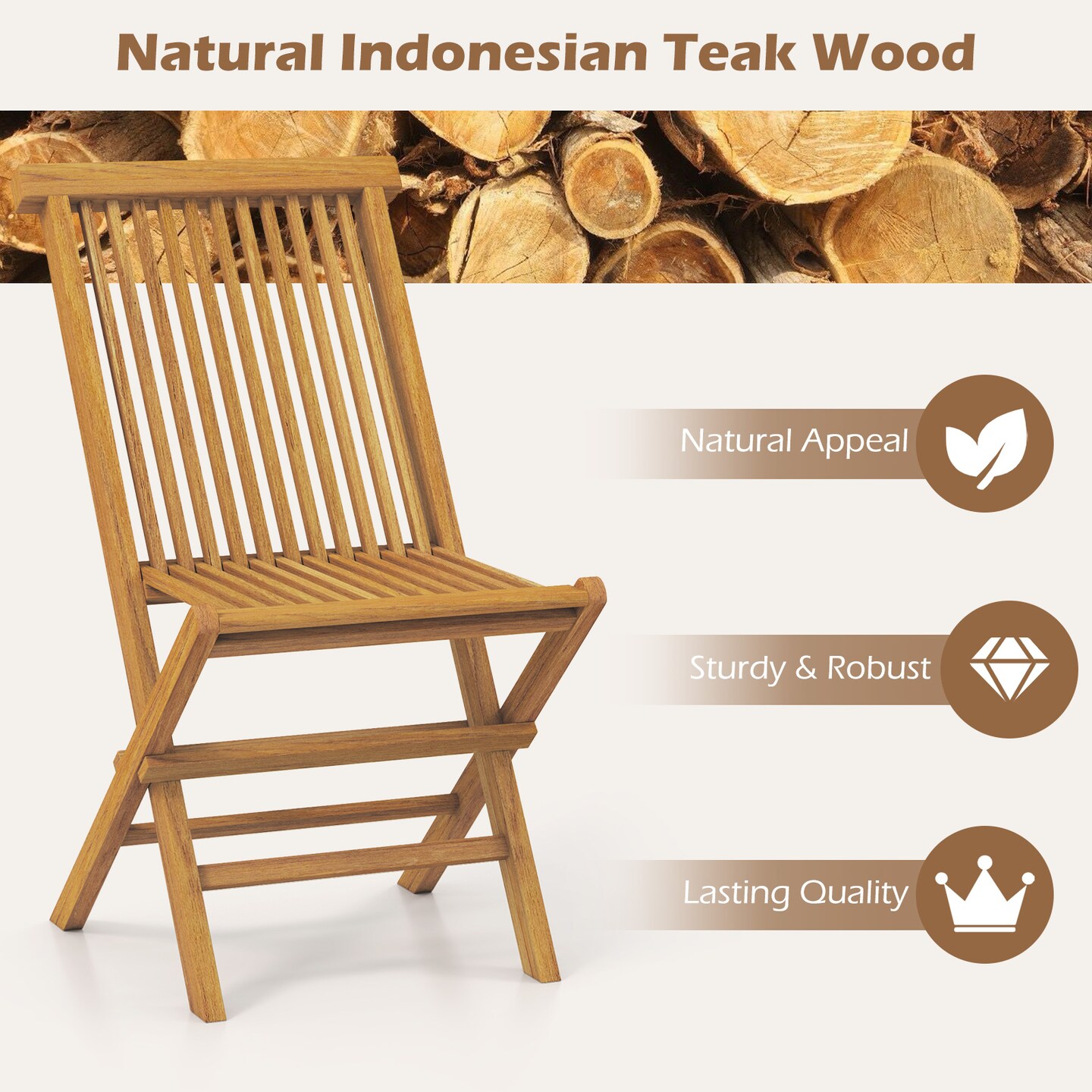 Set of 2 Space-Saving Outdoor Folding Teak Wood Chair with Breathable Slatted Seat and High Back