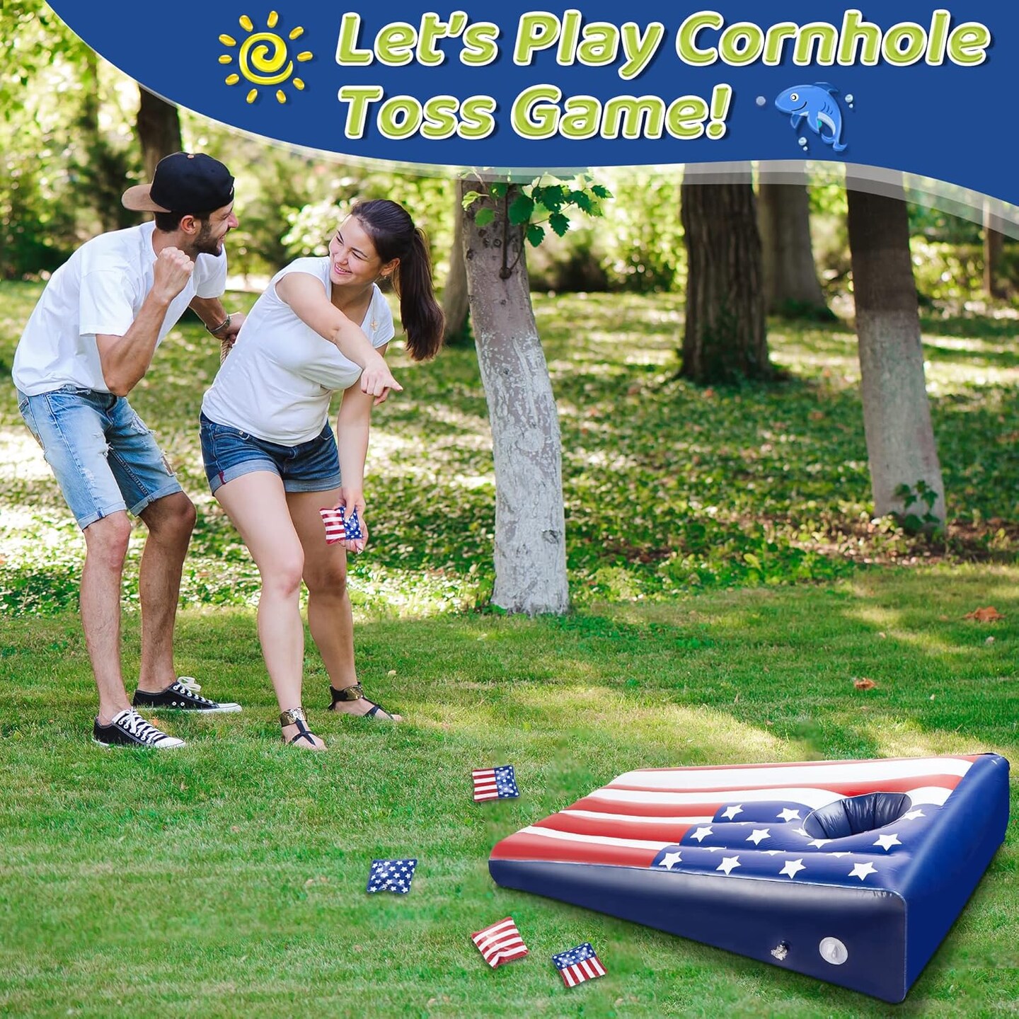 Pool Cornhole Inflatable Bean Bag Toss Game Toy 2 Sets, Independence Day Swimming Pool Game for Teens, Adults and Family, American Flag Theme Water Floating Cornhole Toy with 8 Bean Bags