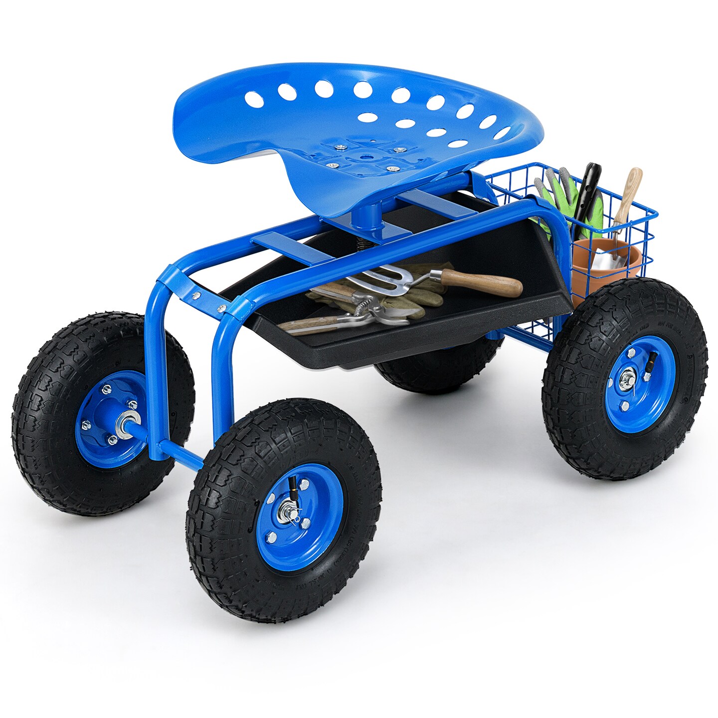Blue Heavy Duty Rolling Garden Cart with Adjustable Swivel Seat and Pneumatic Wheels for Outdoor Use