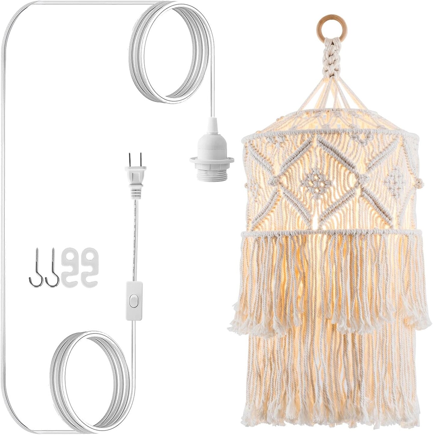 Boho Plug in Pendant Light, Hanging Light with Plug in Cord, Hanging Lamp with Handmade Macrame Lamp Shade