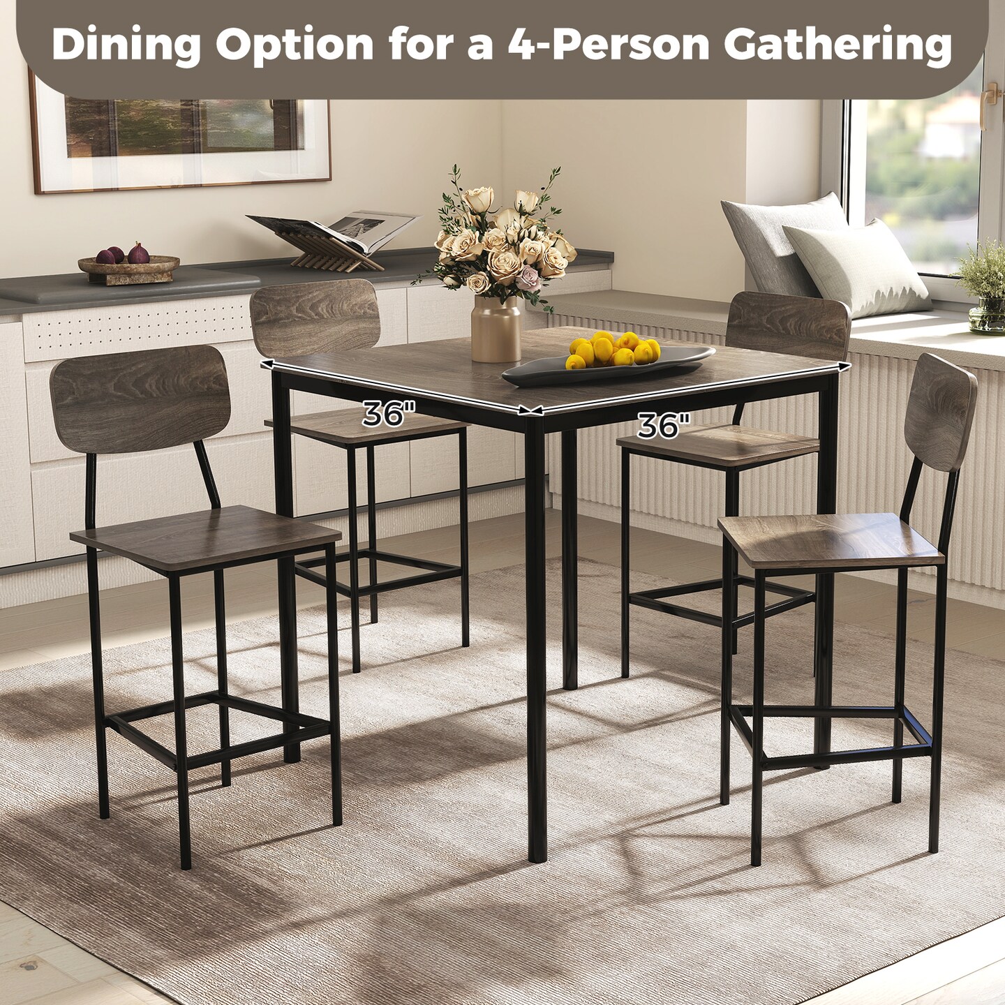 5-Piece Dining Set with Counter Height Table and Bar Stools for Modern Living Rooms