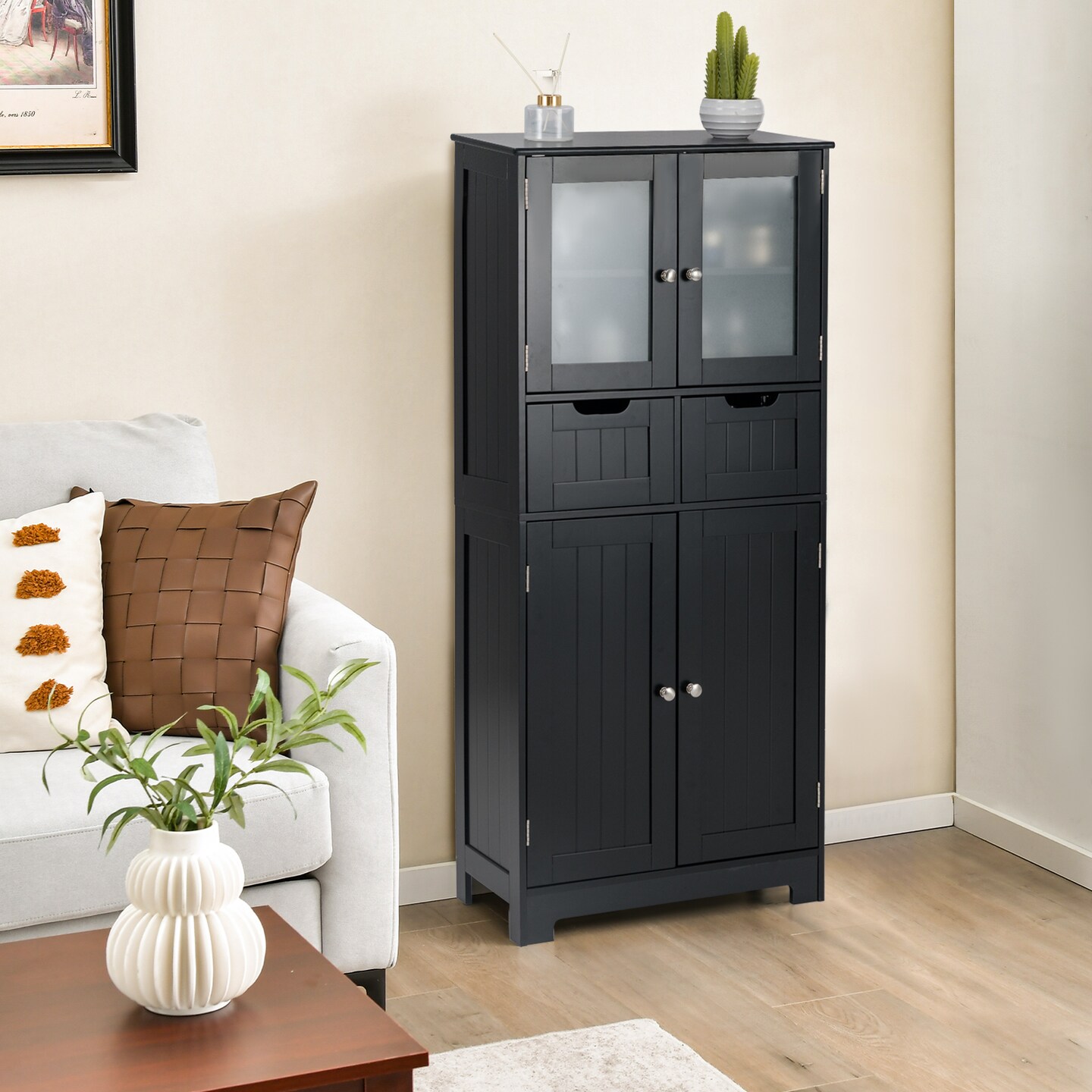 Black P2 MDF Storage Cabinet with Tempered Glass Doors, Drawers and Adjustable Shelves