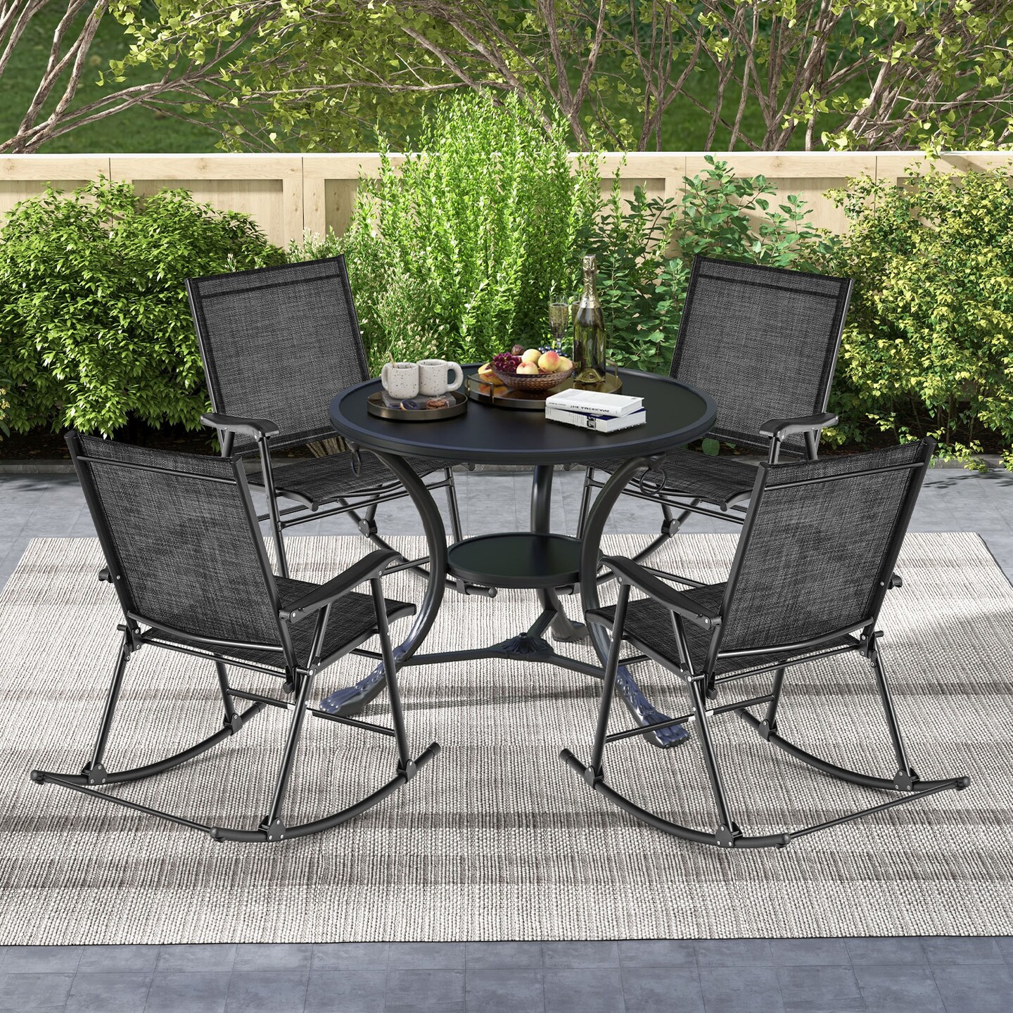 Set of 2 Folding Rocking Chairs with Breathable Fabric and Curved Armrests