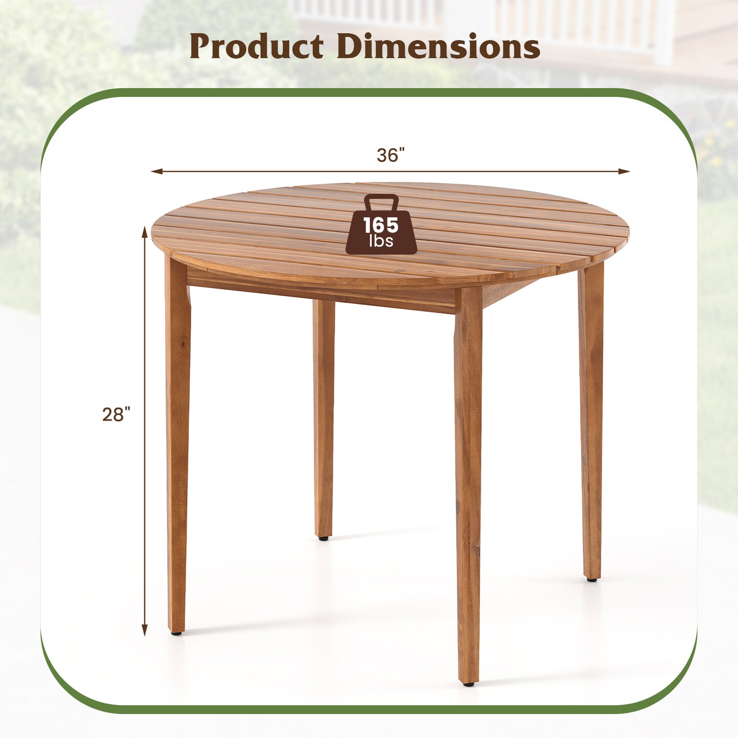36" Round Acacia Wood Patio Dining Table with Triangular Support Perfect for Seats 4 Comfortably