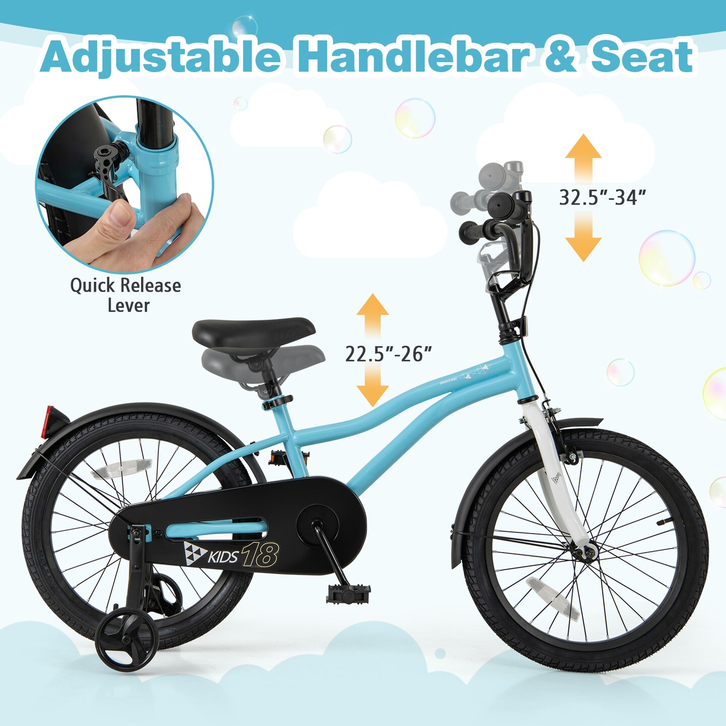 Blue Kids Bicycle with Hand and Coaster Brakes and Anti-Slip Handlebars Training Wheels Included