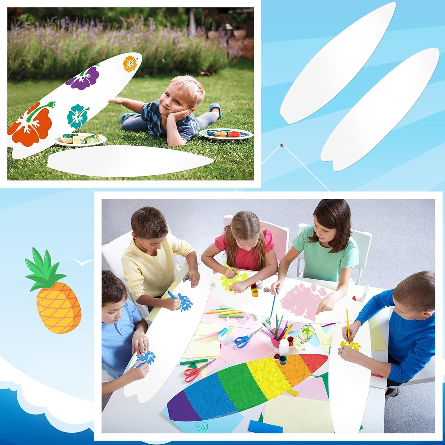 24 Pcs DIY Paper Surfboards Set Surfboard Shape Cardboard Surf and Beach Party Crafts for Kids DIY Paper Craft for Summer Beach Surf Party Decorations Board Wall Decor (8.5 x 31 Inch)