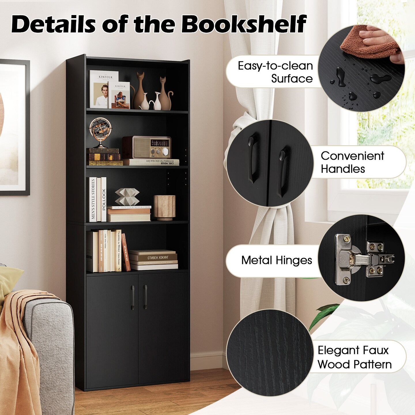 Tall Black Bookcase with Doors 6-Tier Storage Cabinet with Adjustable Shelves for Home Office