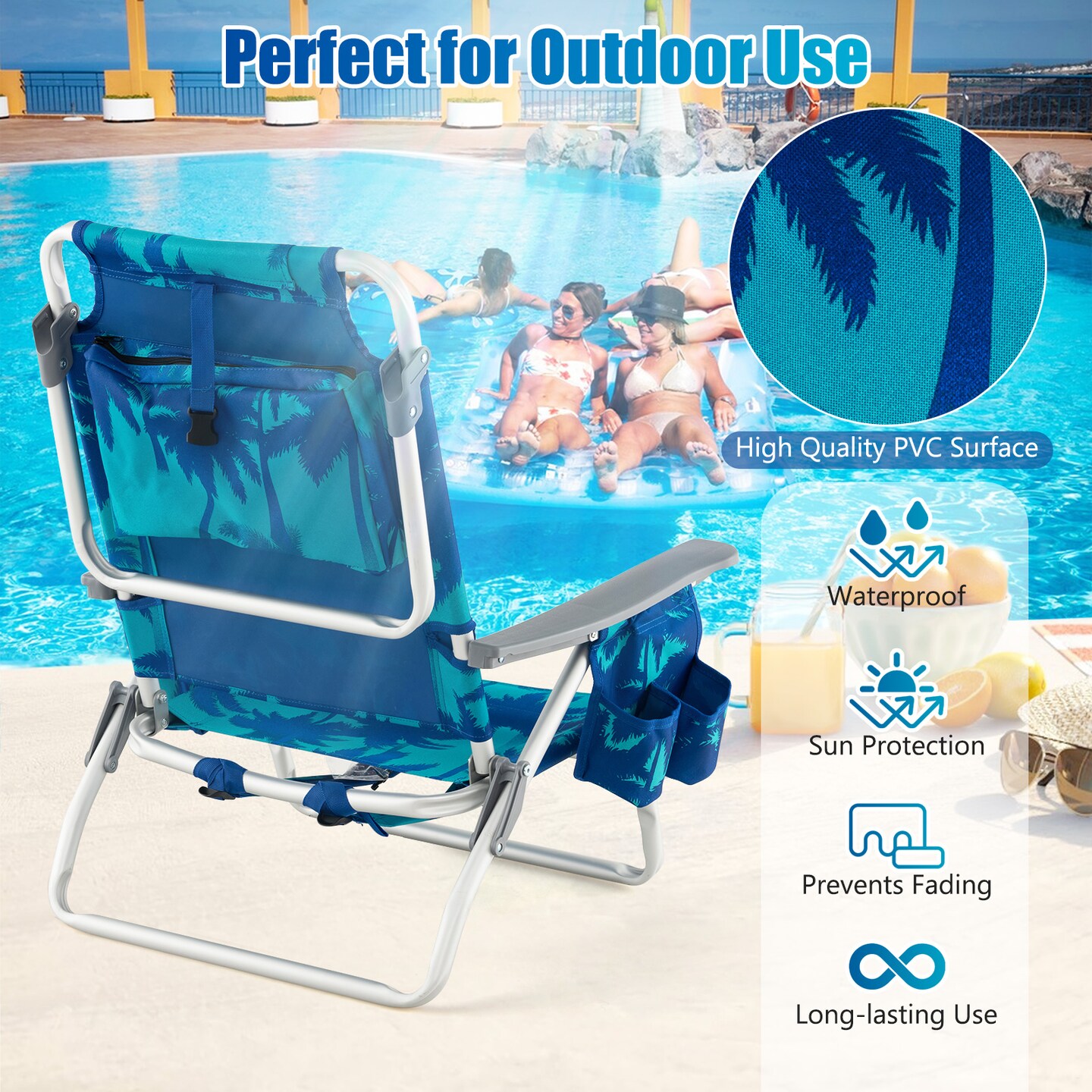 2 Pieces 5-Position Reclining Outdoor Folding Chairs with Cup Holder and Extra Storage Ideal for Beach or Camping