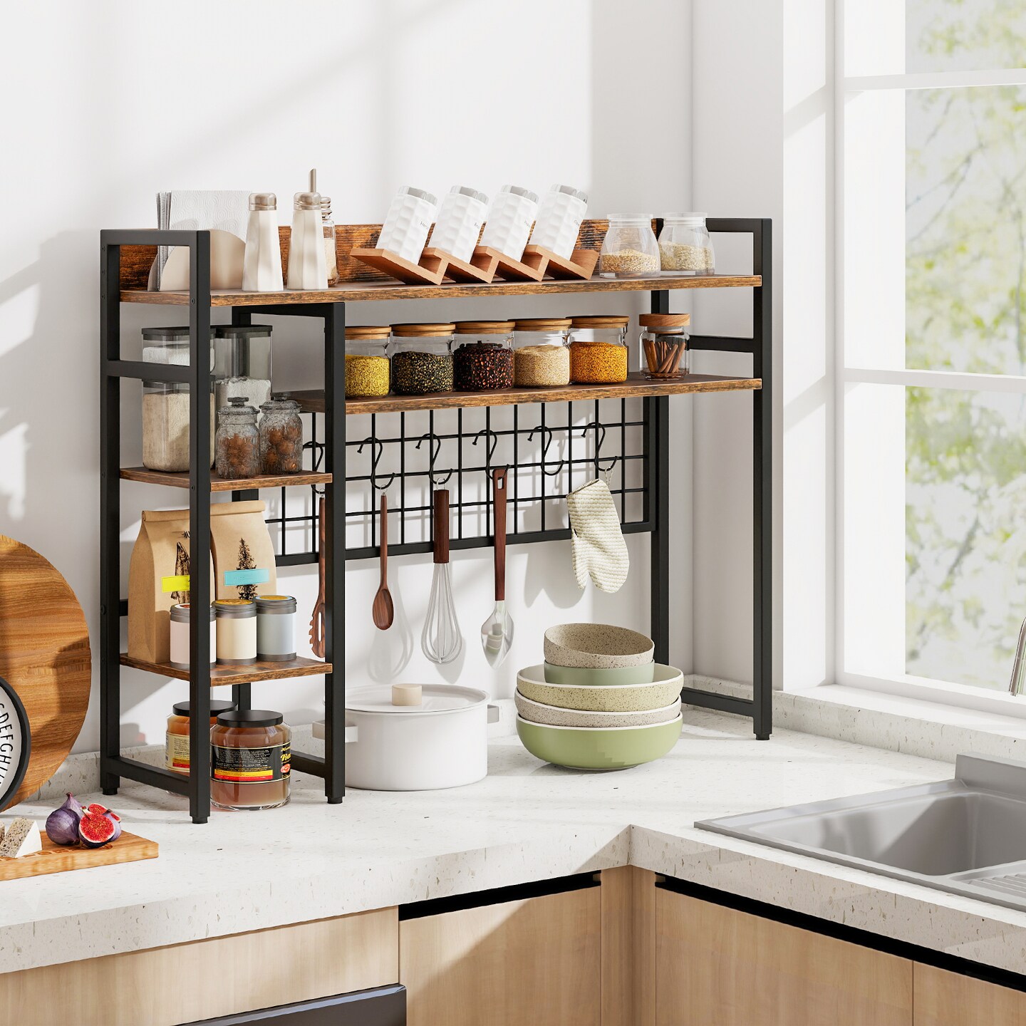 Desk Storage Shelf with 4 Tiers and 6 Hooks for Home Office or Kitchen Counter