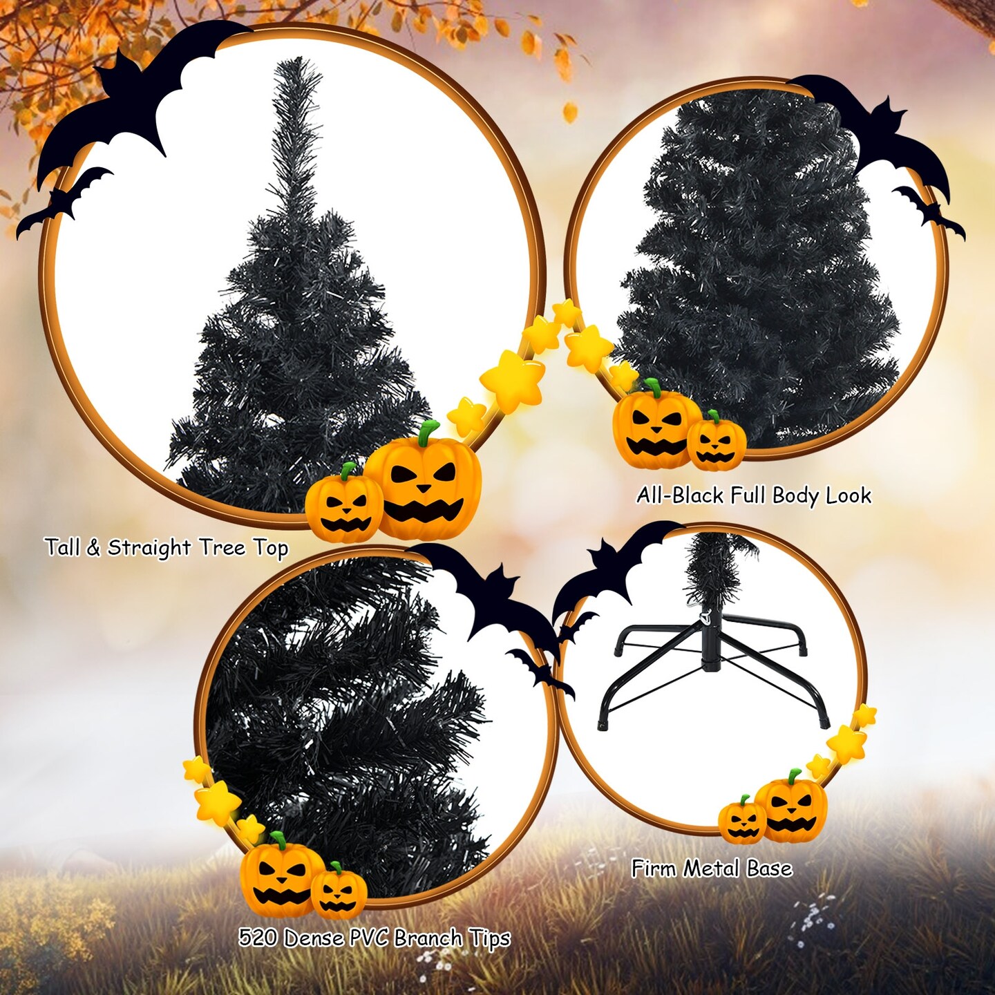 Slim 6 Ft Black Halloween Christmas Tree Pencil Style with 520 Tips and Iron Stand for Holiday Decor