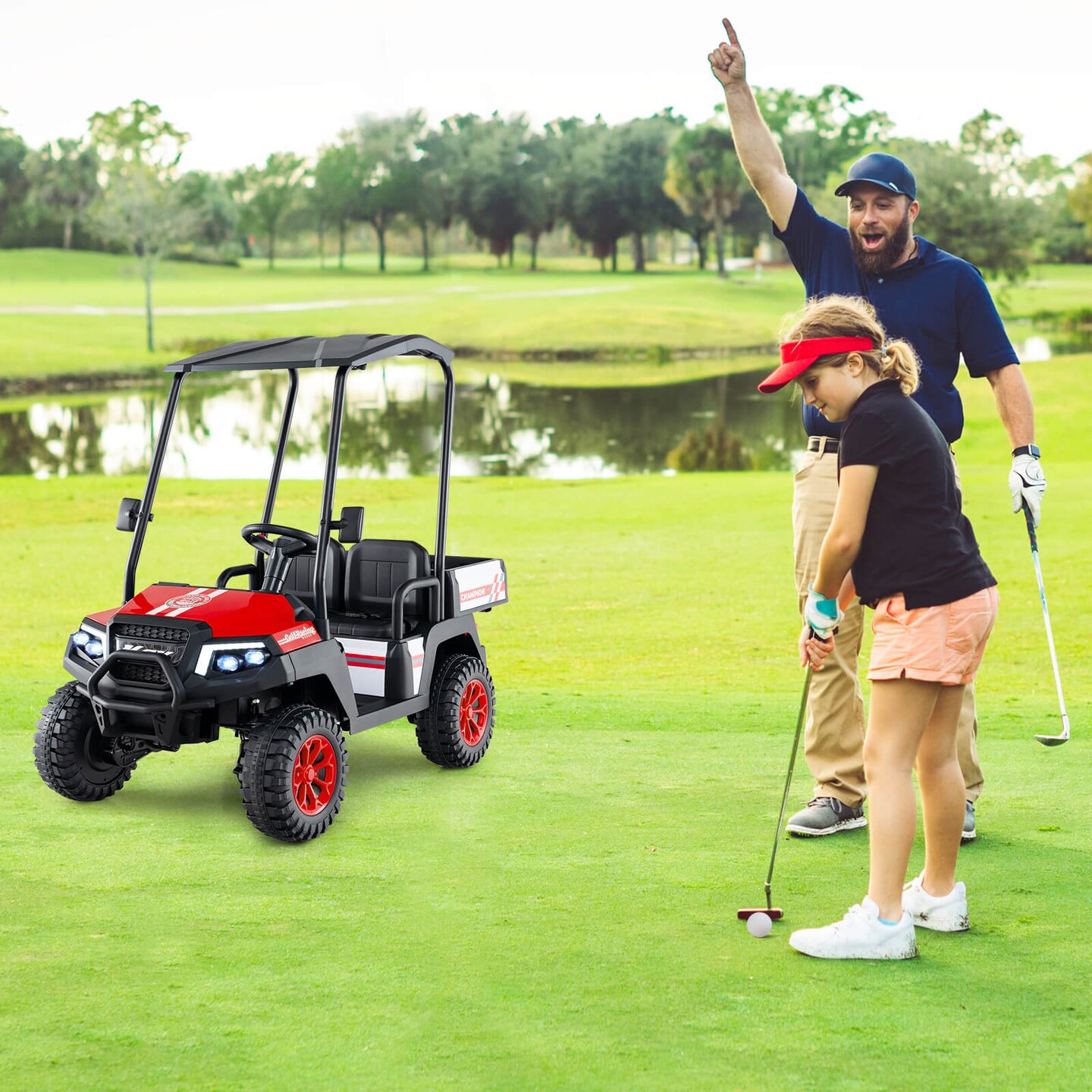 2-Seater Kids Golf Cart 4WD with Storage Trunk, Horn and Rechargeable Battery