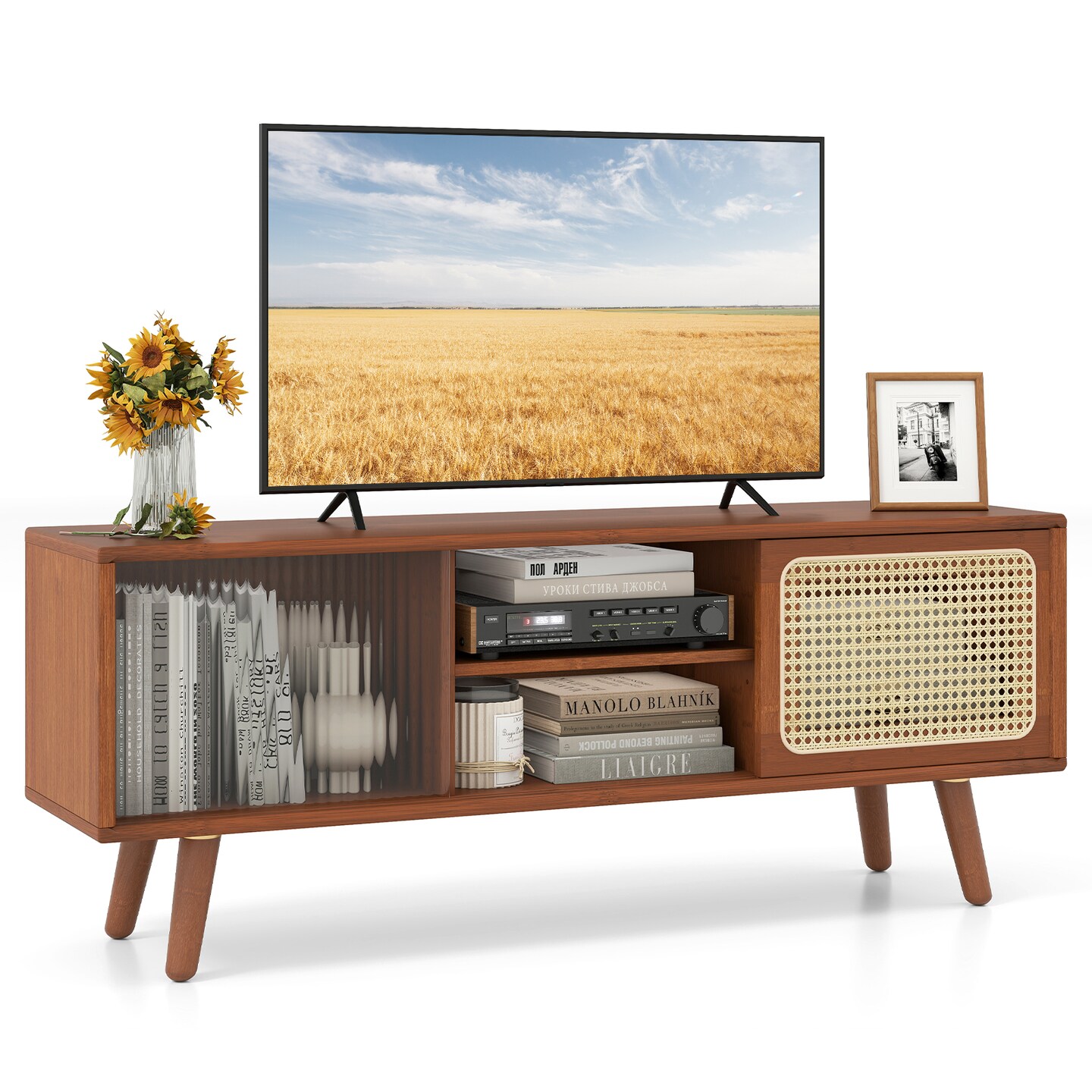 Modern Wicker TV Console with Rubber Wood Legs Adjustable Shelves and Rattan Sliding Door Design