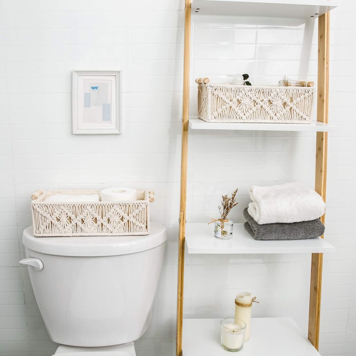 Macrame Storage Baskets Boho Decor Box Handmade Woven Decorative Countertop Toilet Tank Shelf Cabinet Organizer for Bedroom Livingroom Home, Set of 2, Ivory