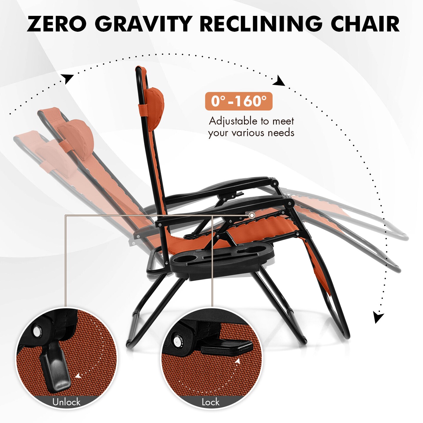 Adjustable Folding Recliner Chair with Cup Holder Tray and Sturdy Aluminum Frame for Indoor or Outdoor Use