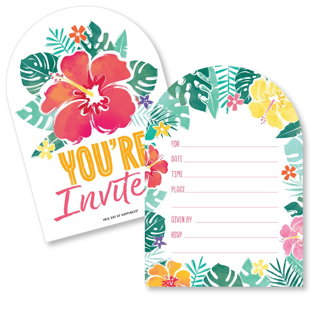 Big Dot of Happiness Hawaiian Luau Invitations with Envelopes, You're Invited Tropical Floral Party Fill-In Invitation Flat Cards - Set of 12