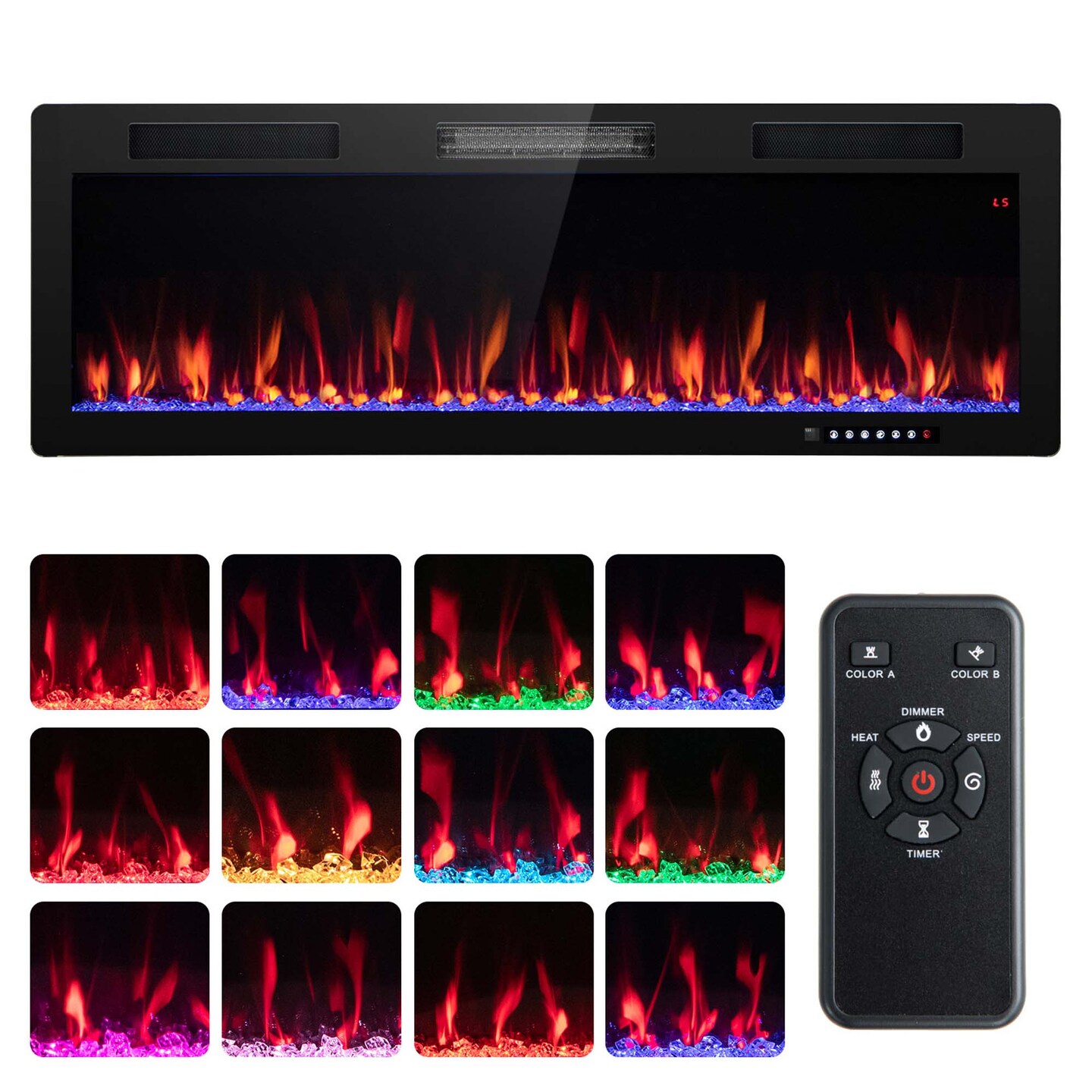 Costway 40"/50"/60" Linear Electric Fireplace 1500W Recessed Wall-Mounted with Multi-Color Flame