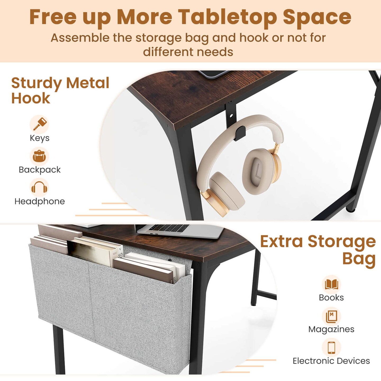 Costway 60&#x22; Modern Computer Desk with Charging Station with Storage Bag &#x26; Headphone Hook Borwn