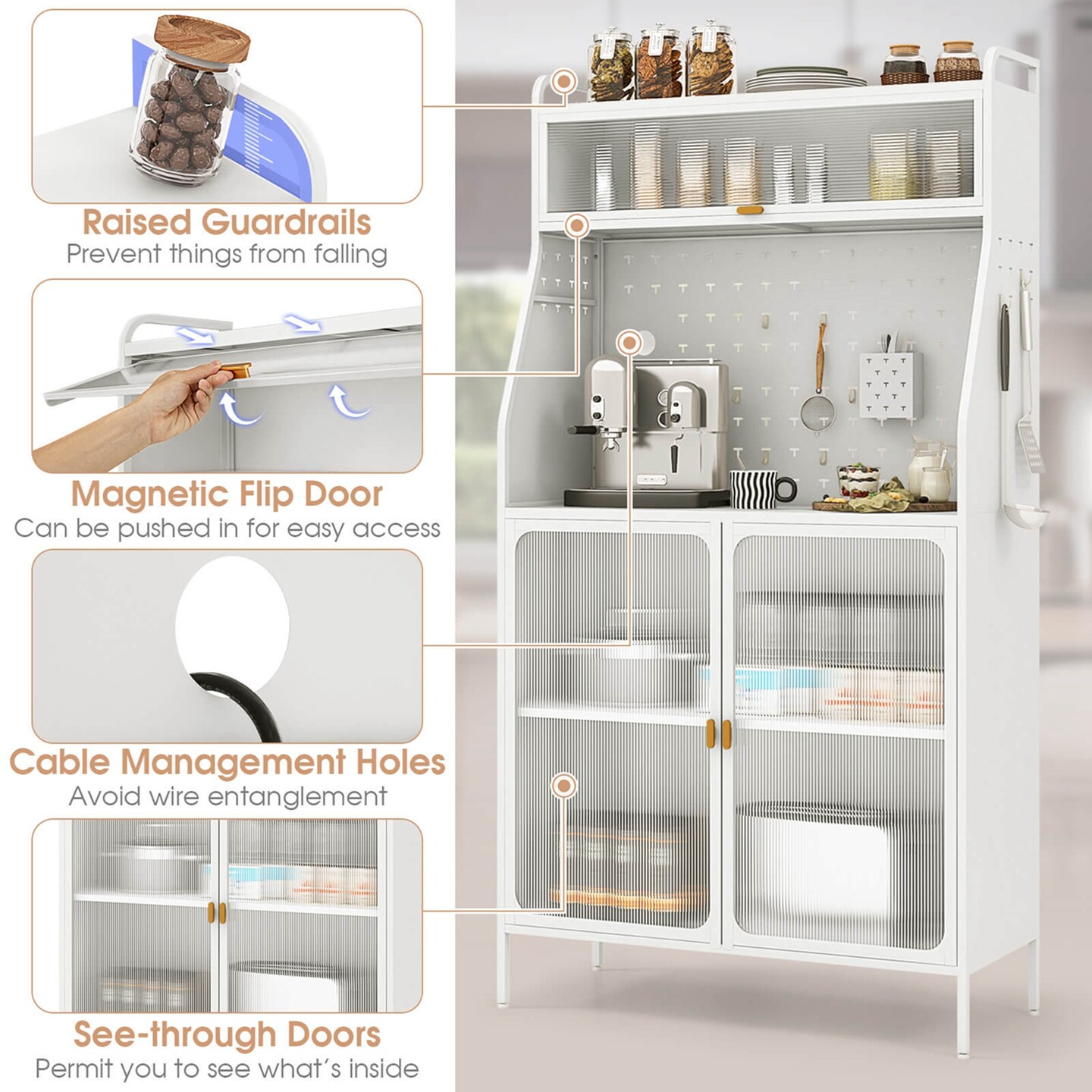 Costway 5-tier Metal Kitchen Bakers Rack with Pegboard 8 Hooks 5-position Adjustable Shelf White