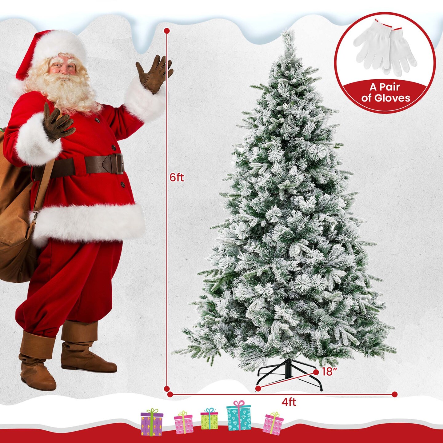 Costway 6/7 FT Pre-Lit Flocked Christmas Tree Hinged Xmas Decoration with 250/300 LED Lights