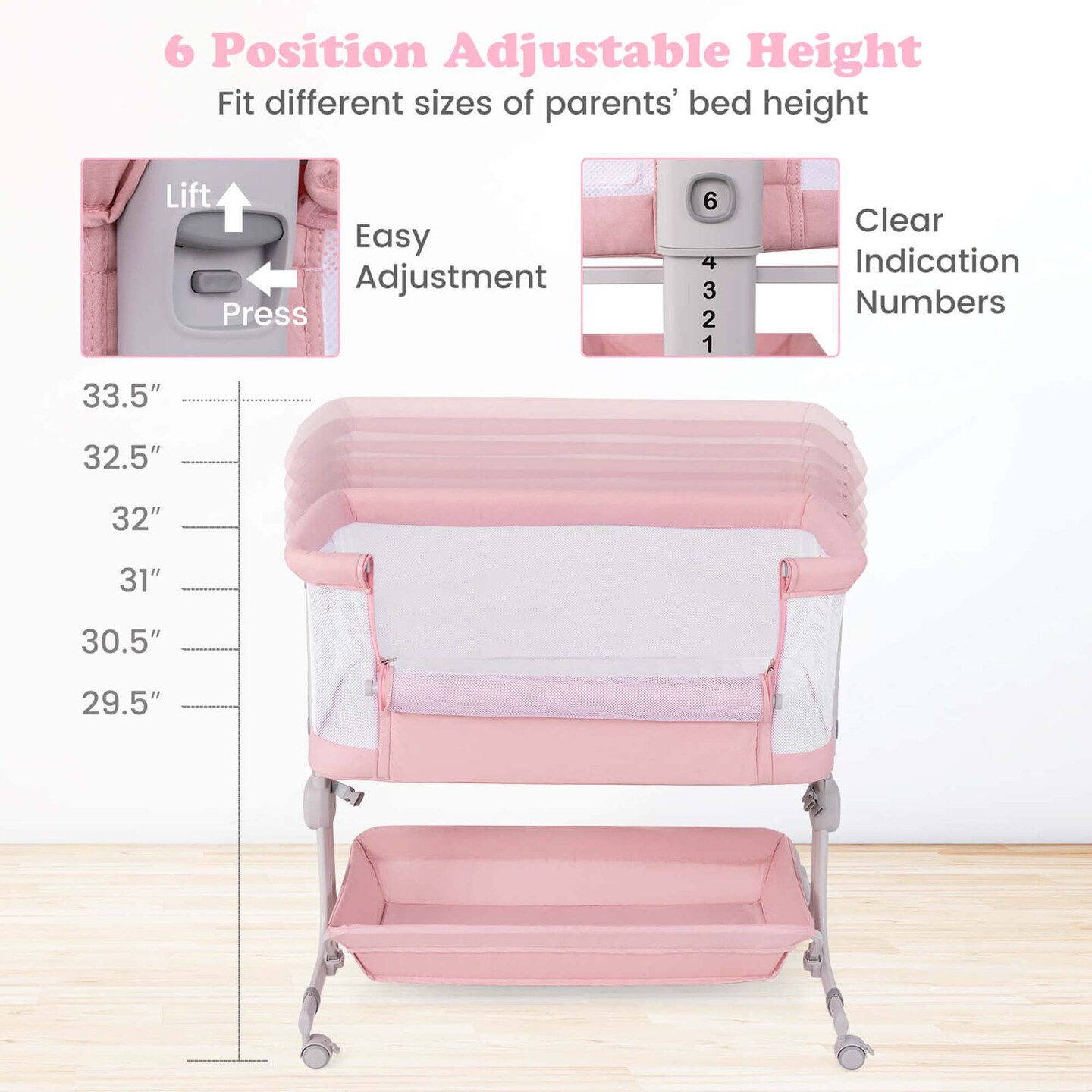 Costway Baby Bassinet Bedside Sleeper with 6-Level Adjustable Height Beige/Pink/Gray