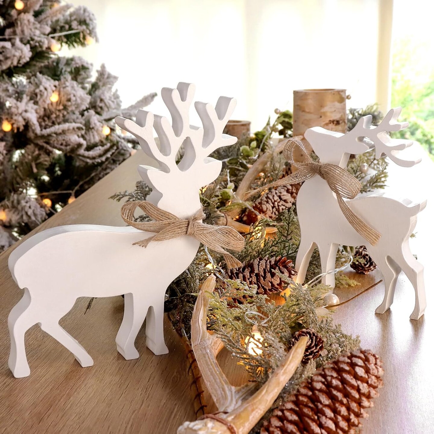 2Pcs Reindeer Christmas Decorations Indoor, Rustic Wooden Christmas Reindeer Figurine, Home Decor for Home Shelf Cabinet Table, Home Display, Tabletop