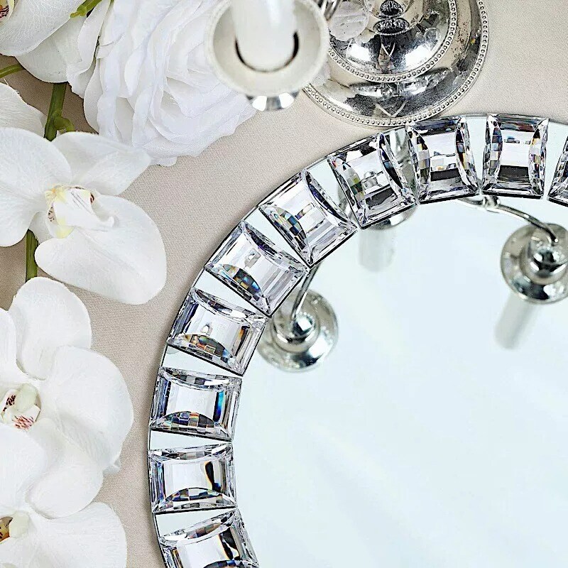 2 Silver 13&#x22; Round Mirror Glass Charger Plates with Crystal Rim Wedding Supplies