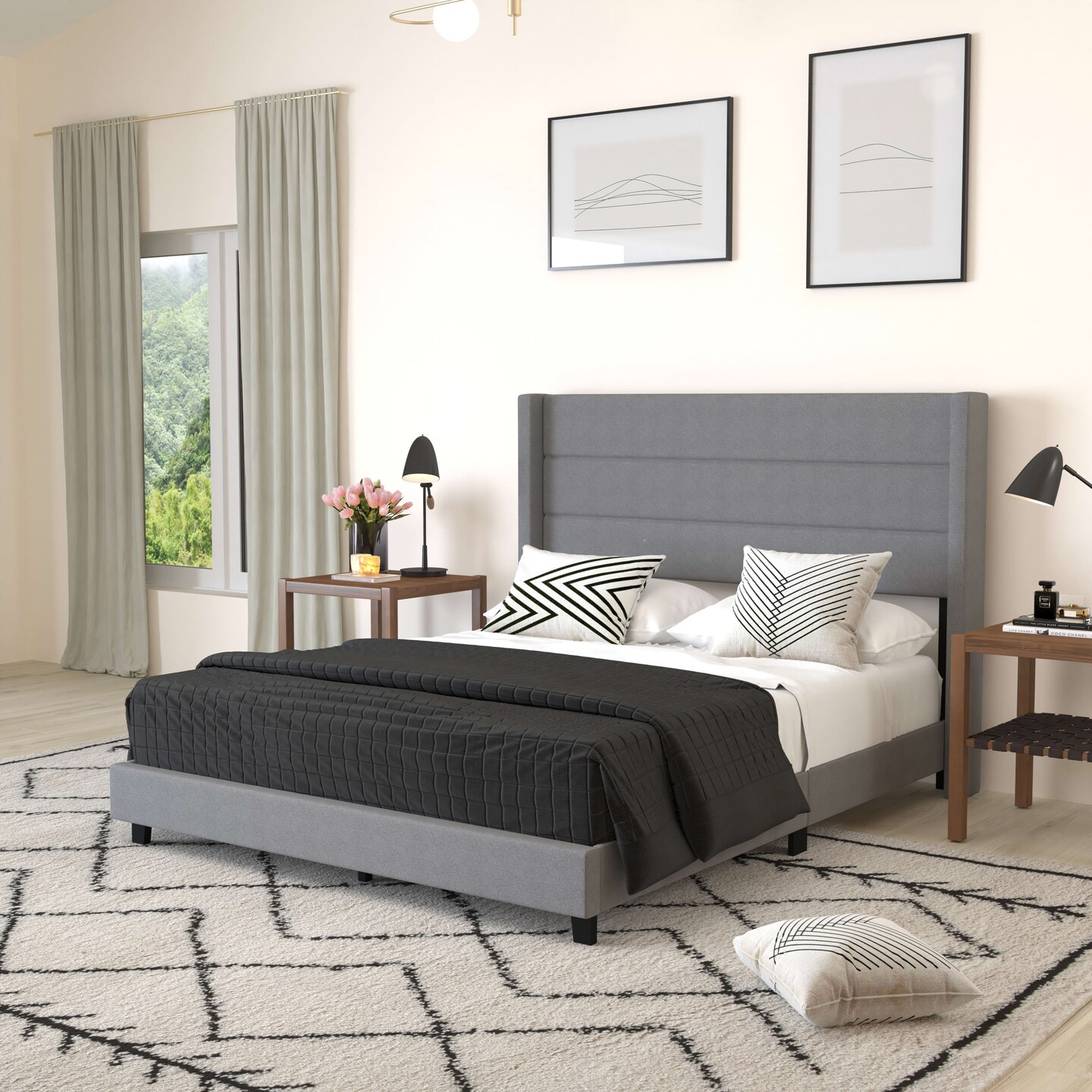 Merrick Lane Percy Modern Platform Bed with Padded Channel Stitched Upholstered Wingback Headboard and Underbed Clearance