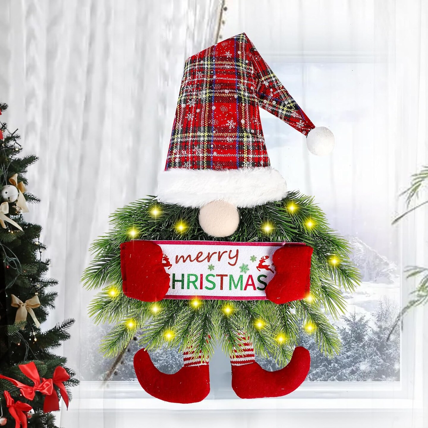 Christmas Gnome Wreath with Lights (Red) 11.8"D x 7.8"W x 0.3"H