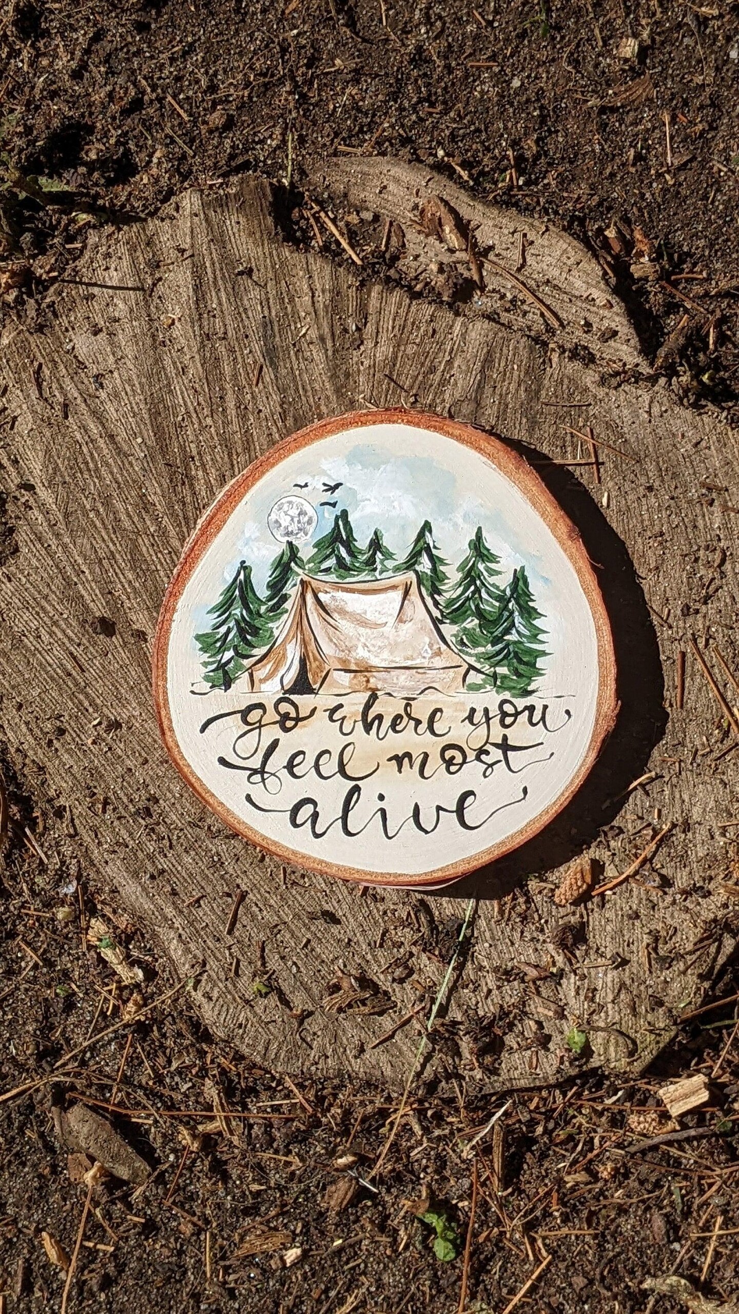 Hand Painted Camping Love Wood Slice Decor with Tent Illustration