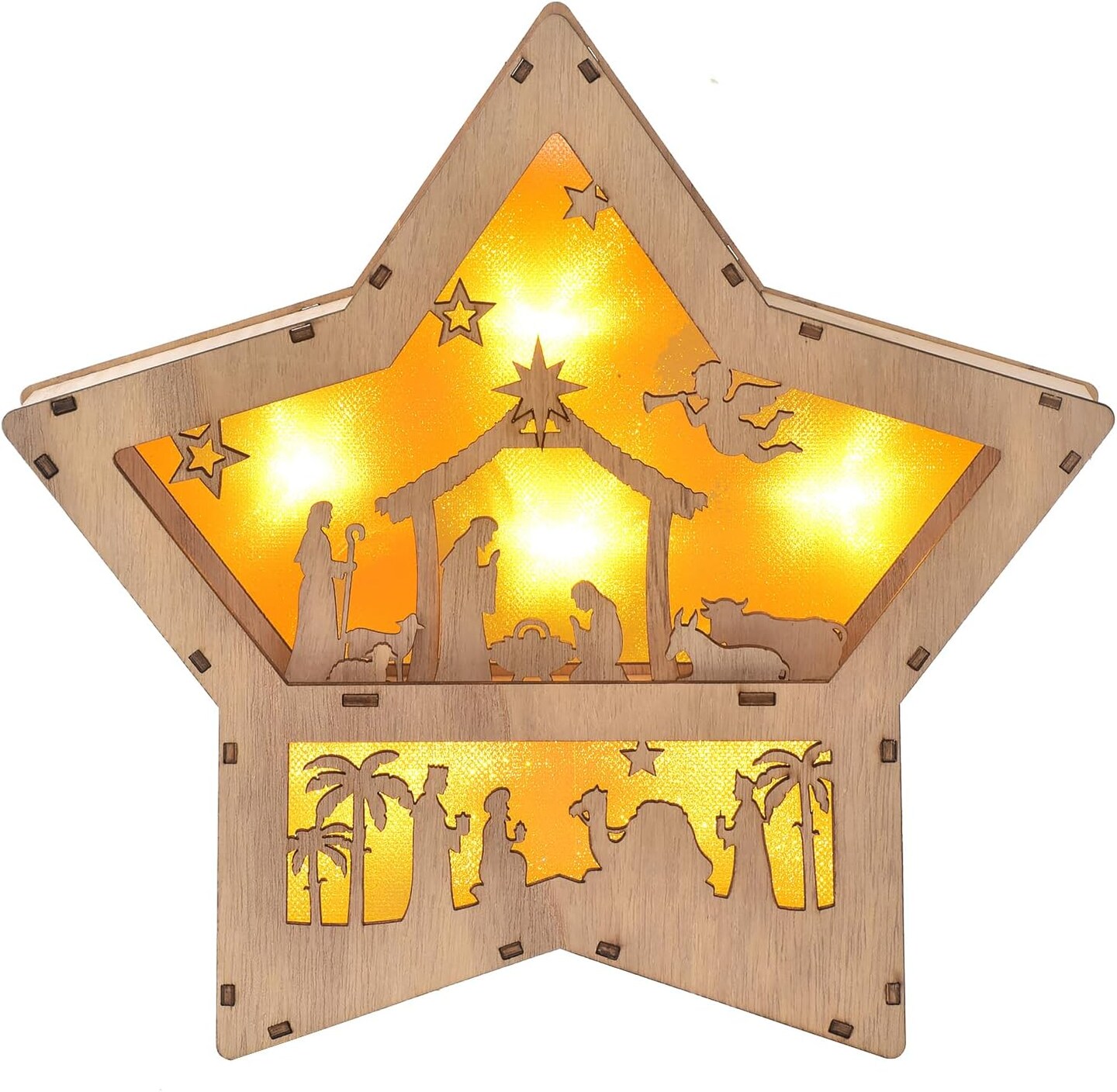 Christmas Nativity Set, Wooden Star Shaped Nativity Scene LED Light, 3D Christmas Decor, Indoor Festive Ornament, Winter Decoration Centerpiece for Table Tiered Tray Fireplace Mantel (Star)
