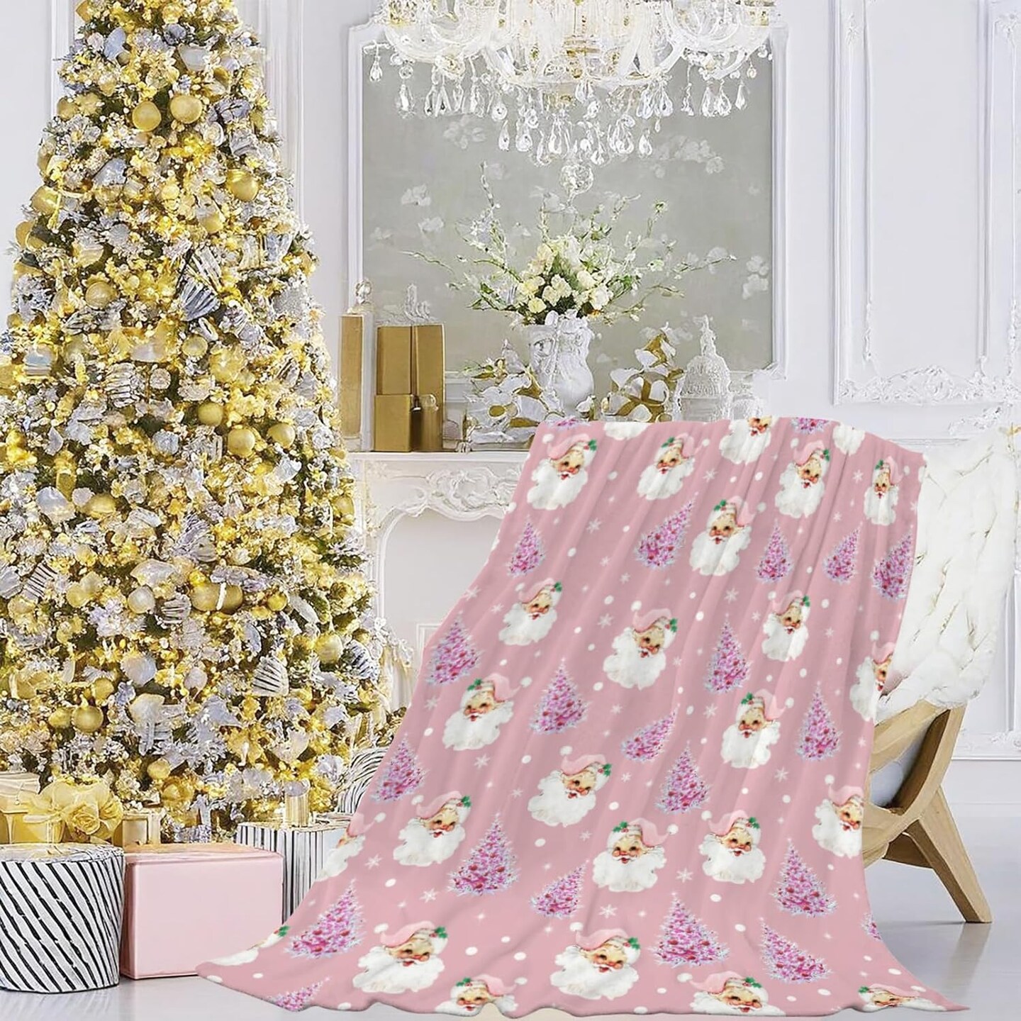 Soft Plush Christmas Blanket,Cute Santa Claus Pink Christmas Tree Snowflake Warm Throw Blanket for Couch, Seasonal Winter Xmas Holiday Blanket for Couch Bed Living Room 50&#x22;x40&#x22;