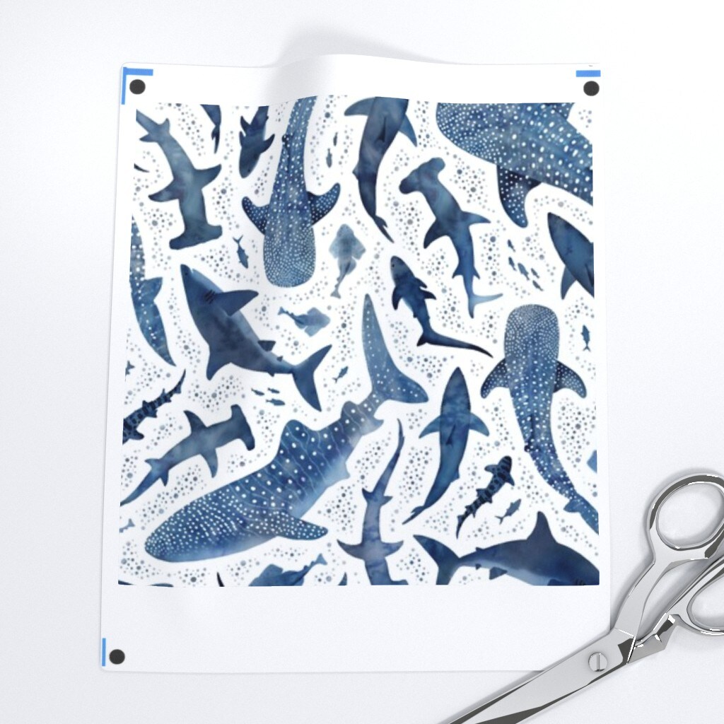 Ocean Under The Sea Coastal Nature Kids Beach Sharks Whale Marine Life Small Scale Playroom Blue Monochrome Great White Shark Biology Custom Printed Fabric by Spoonflower Various Fabrics by the Yard or Fat Quarter