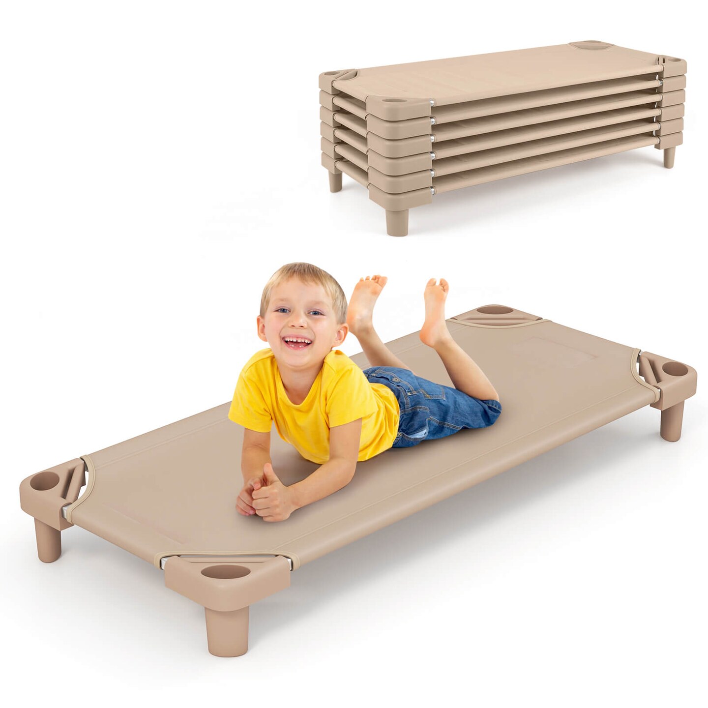 Costway Pack of 6 Kids Stackable Naptime Cot 52&#x22; L x 23&#x22; W Daycare Rest Mat Coffee/Pink/Blue