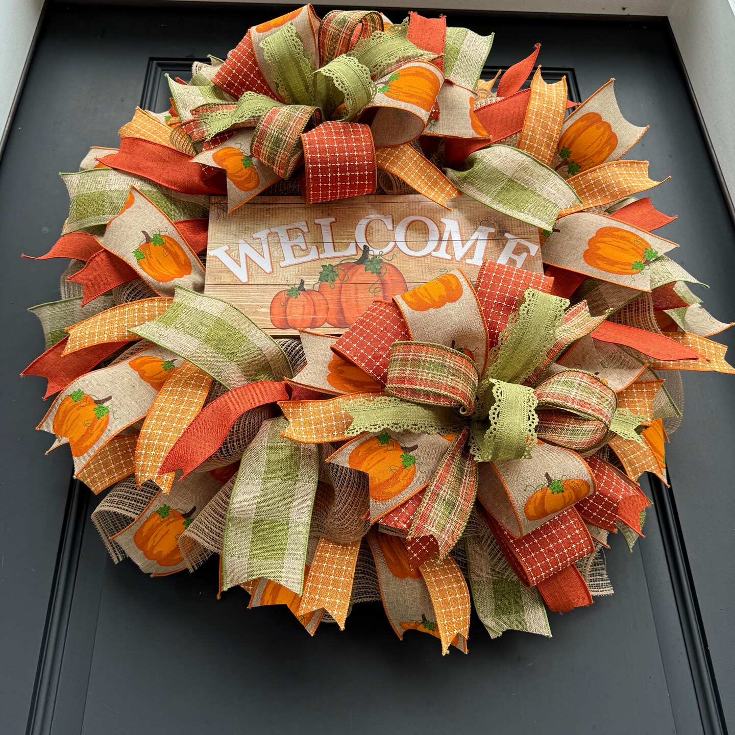 Welcome Fall Pumpkin Wreath for Front Door, Autumn Mesh and Ribbon