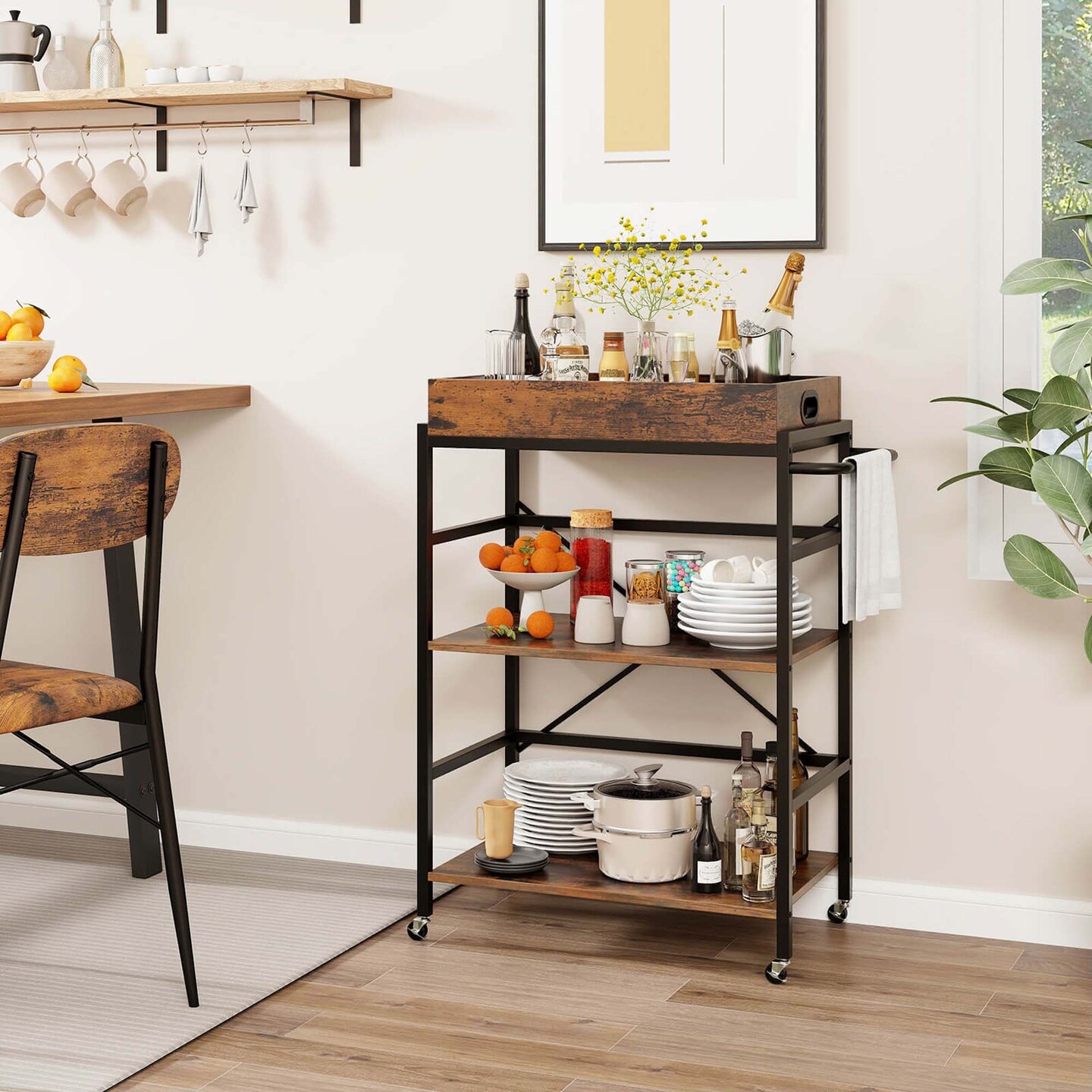 Costway 3-Tier Bar Cart with Detachable Tray 4 Lockable Casters &#x26; 1 Handy Handle