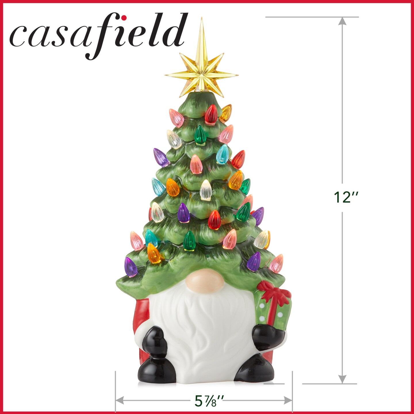 Casafield Hand Painted Ceramic Christmas Gnome with Tree, Red and Green Pre-Lit Gnome with 78 Multi Color Lights and Star Toppers