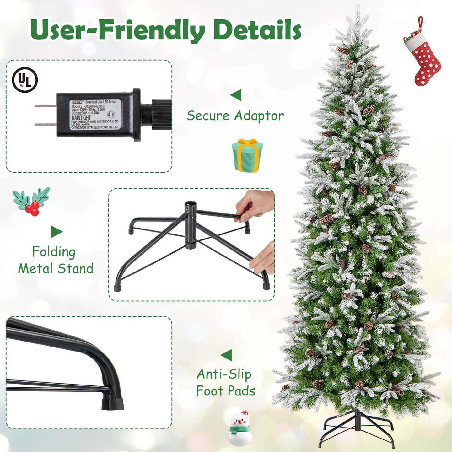 Costway 6/7.5/9 FT Flocked Christmas Tree with 671/913/1310 PE PVC Branch Tips 280/350/470 Warm White LED Lights