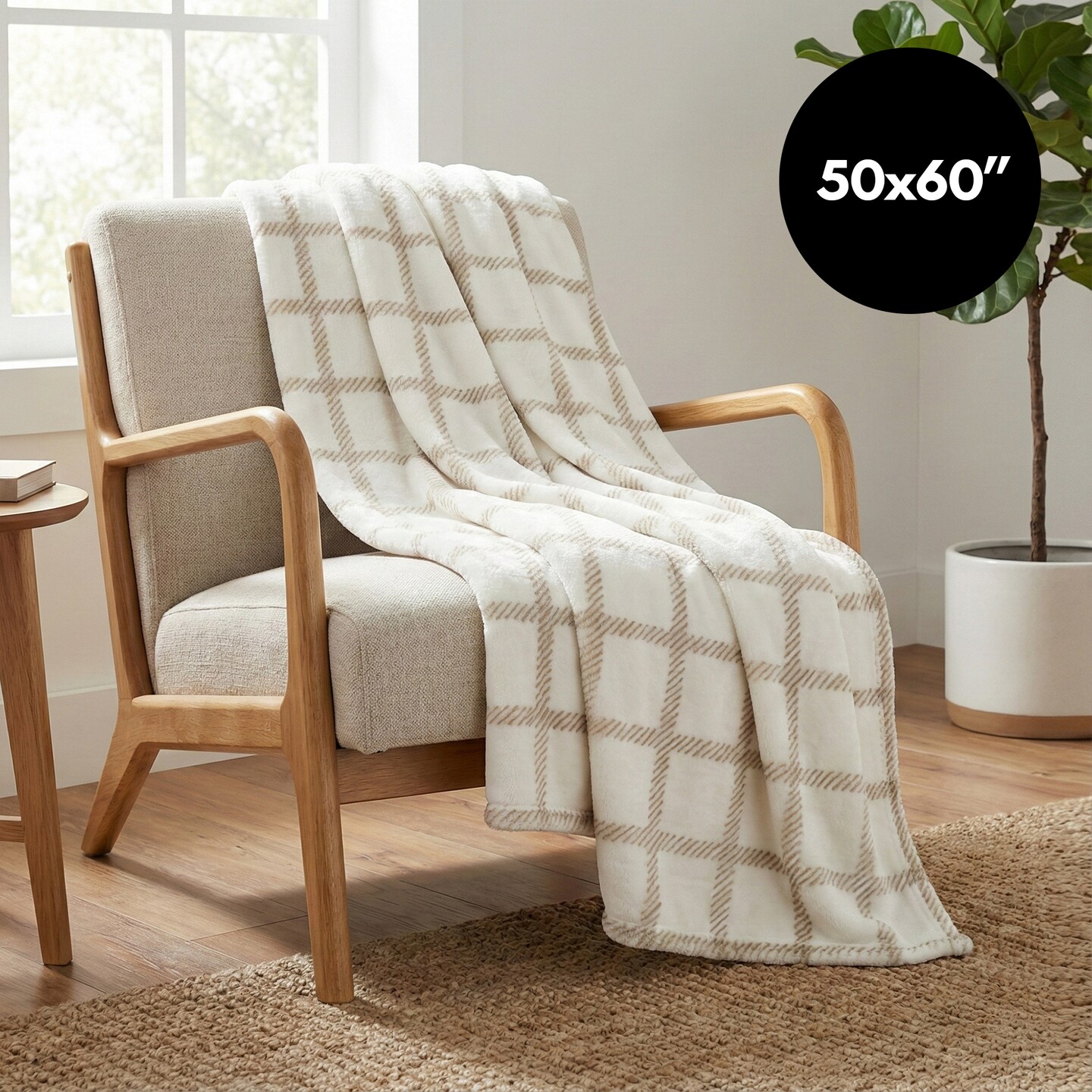 Fleece Throw Blanket - 50x60 Inch - Modern Dash Windowpane Design - Ultra Soft Warmth - White