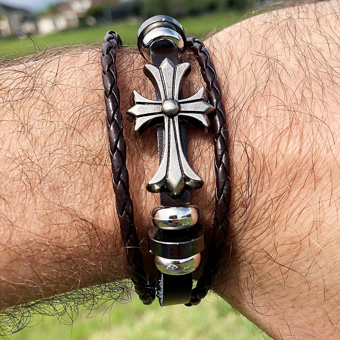 Mens Leather Cross Bracelet Religious Leather Bracelets Braided
